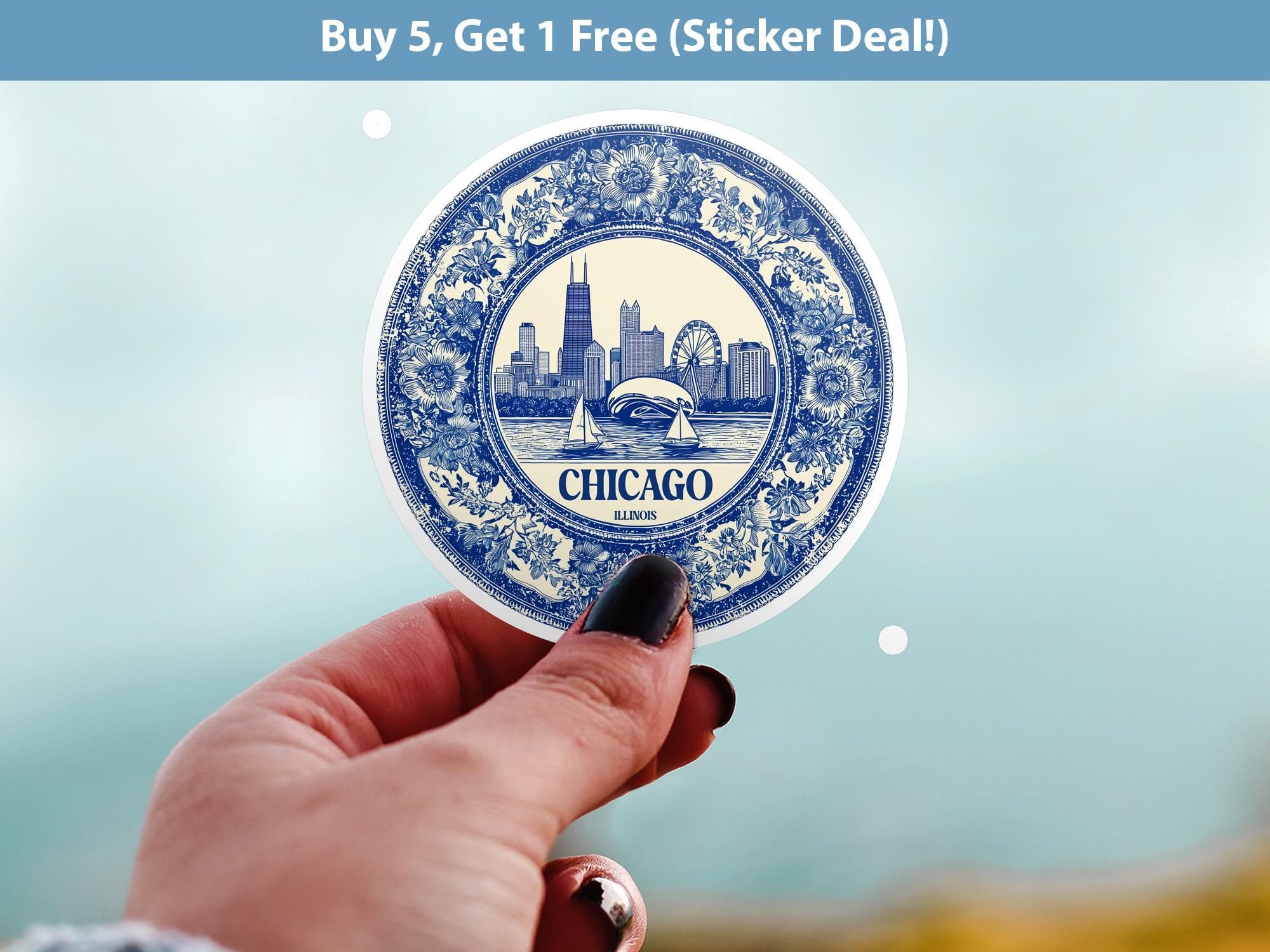 Chicago Illinois US Sticker Vintage Delft style, Delftware Decal Waterproof Vinyl, Blue City Travel USA