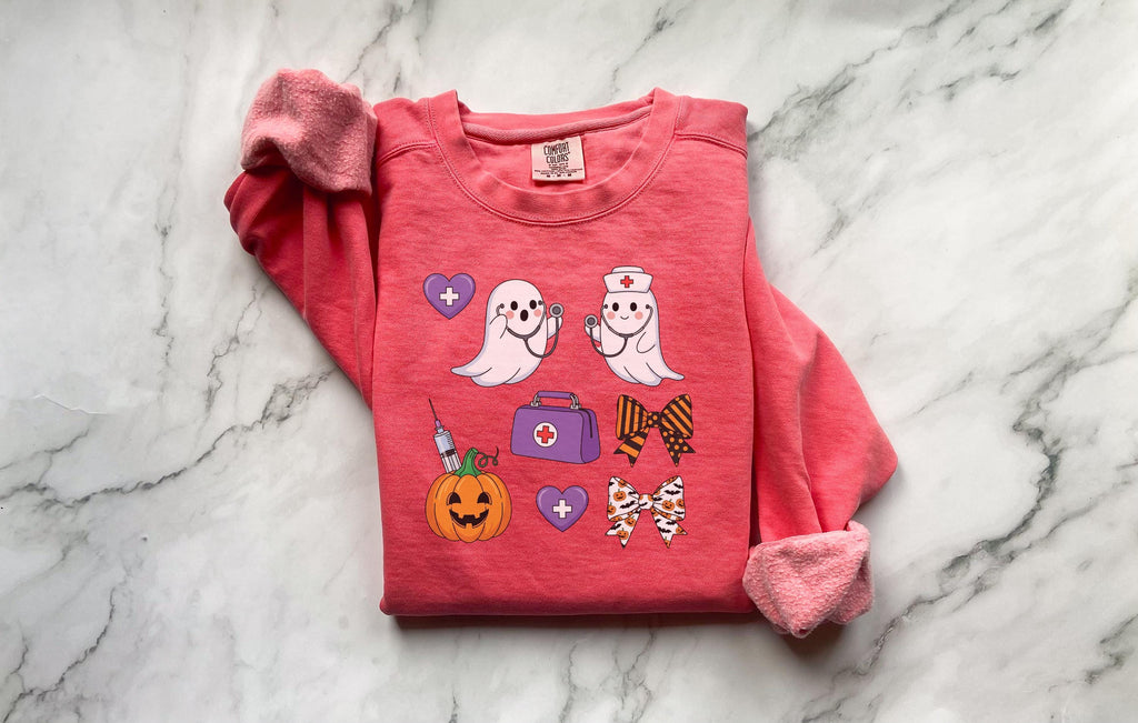 Halloween Nurse Shirt, Cute Ghost RN Tee with Pumpkin and Bows, Spooky Fall Medical Funny Trick or Treat Outfit, Gift for Nurse, ER Crew