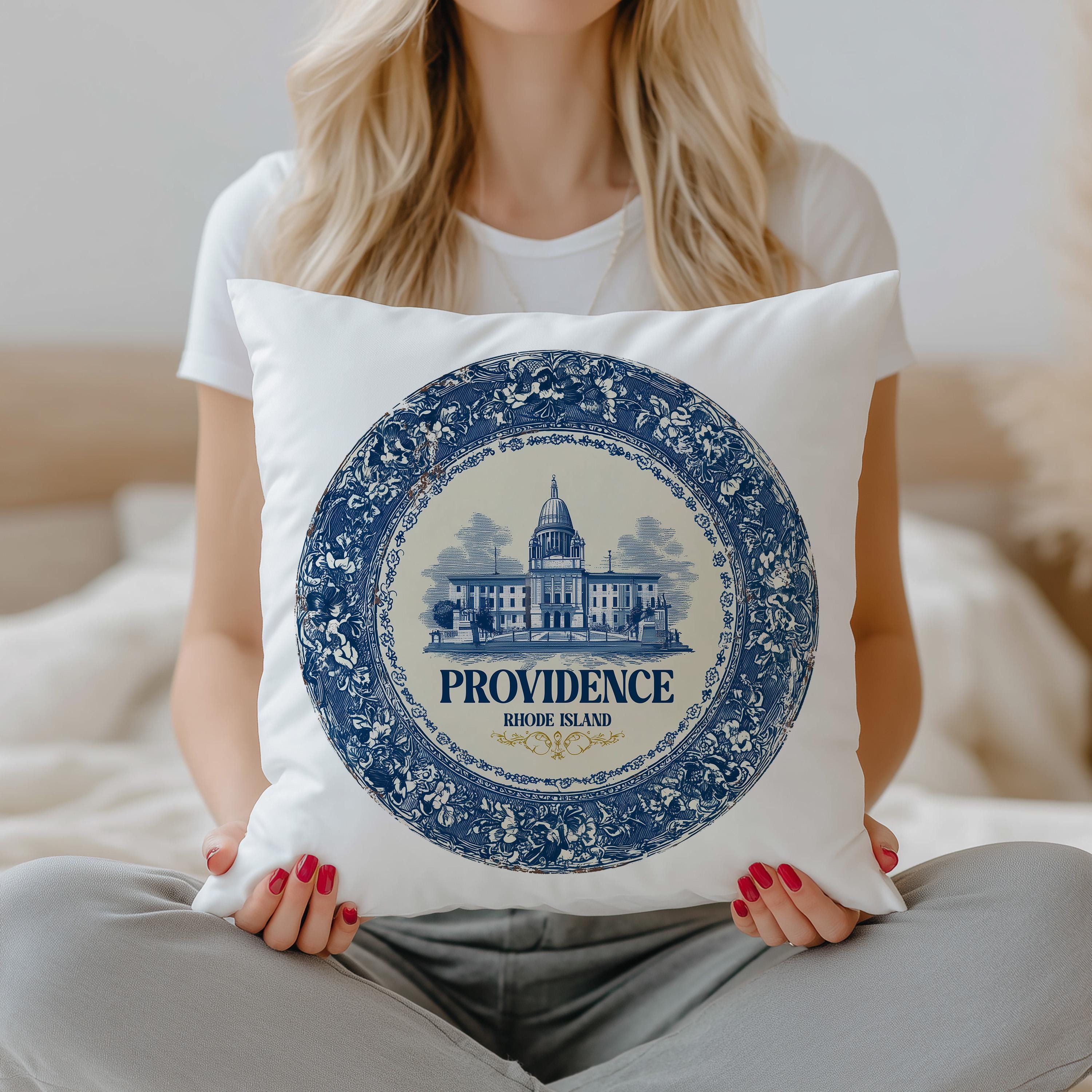Providence Rhode Island Pillowcase, Delft Style Decorative Throw Pillow, Vintage Cityscape Retro Home Decor