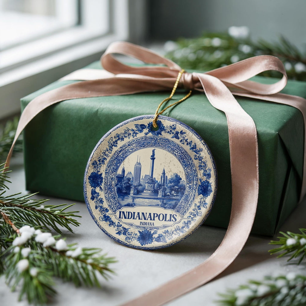 Custom Indianapolis Indiana Ceramic Delft Ornament, Christmas Delftware Blue Delftware city travel