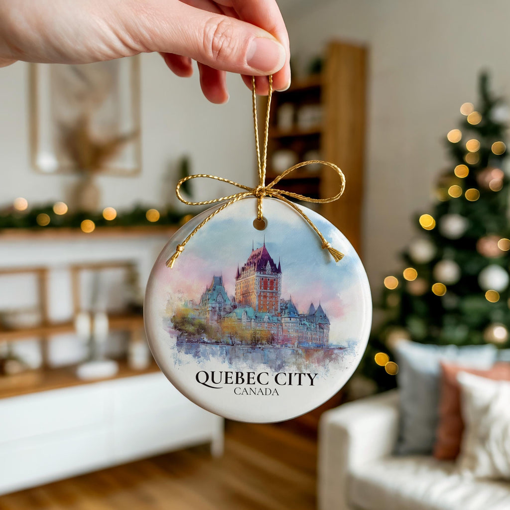 Quebec City Canada Personalized Watercolor Ornament, Custom Ceramic Christmas gift, Travel Keepsake