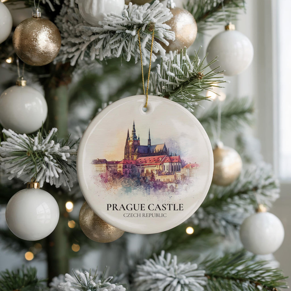 Prague Castle Czech Republic Personalized Watercolor Ornament, Custom Ceramic Christmas gift, Travel Keepsake