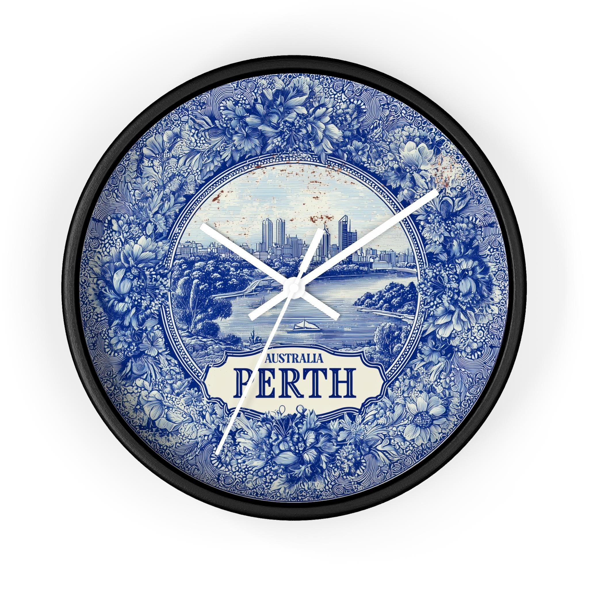 Perth Australia Wall Clock, Delf style Home Decor, Vintage City Travel Keepsake Art