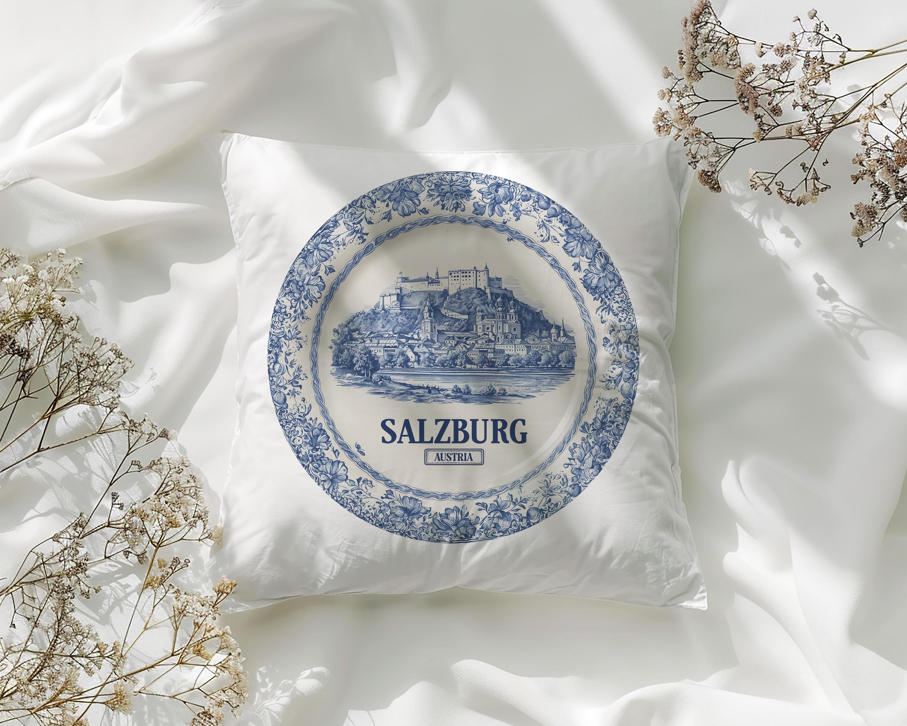 Salzburg Austria Pillowcase, Delft Style Decorative Throw Pillow, Vintage Cityscape Retro Home Decor