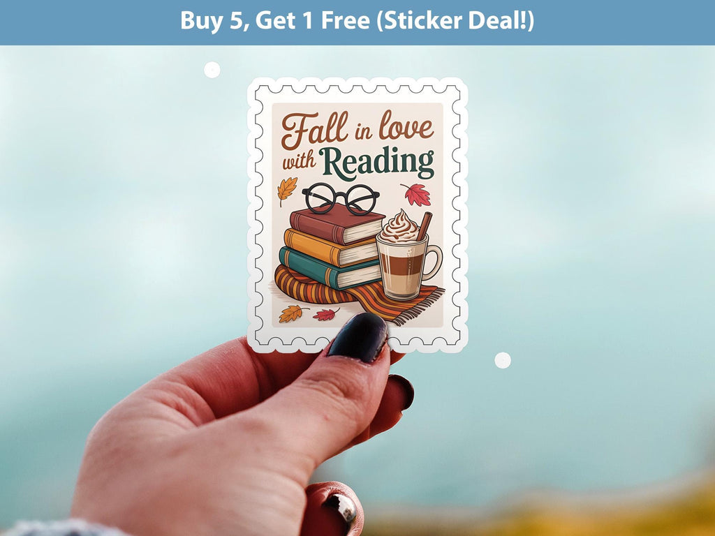Fall in Love with Reading Stamp Sticker, Spooky Halloween Waterproof Decal for tumbler, kindle