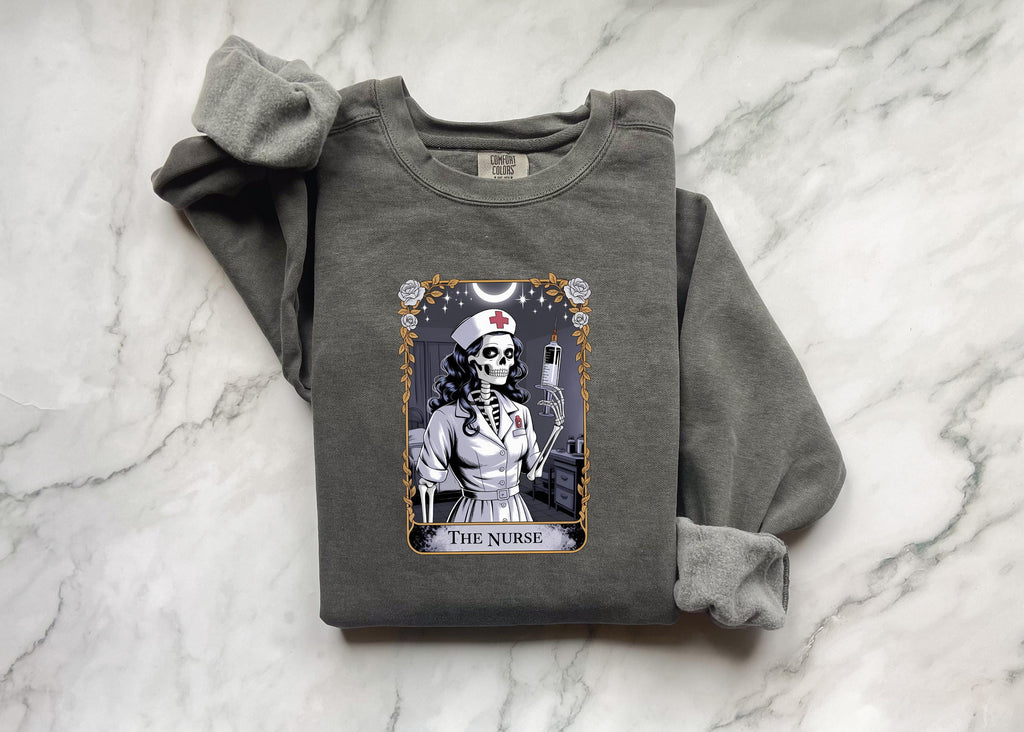 Halloween Nurse Skeleton Sweatshirt, Gothic Tarot Card Medical Pullover, Creepy RN Skull Top, Witchy Fall Aesthetic Shirt, Gift for Nurse