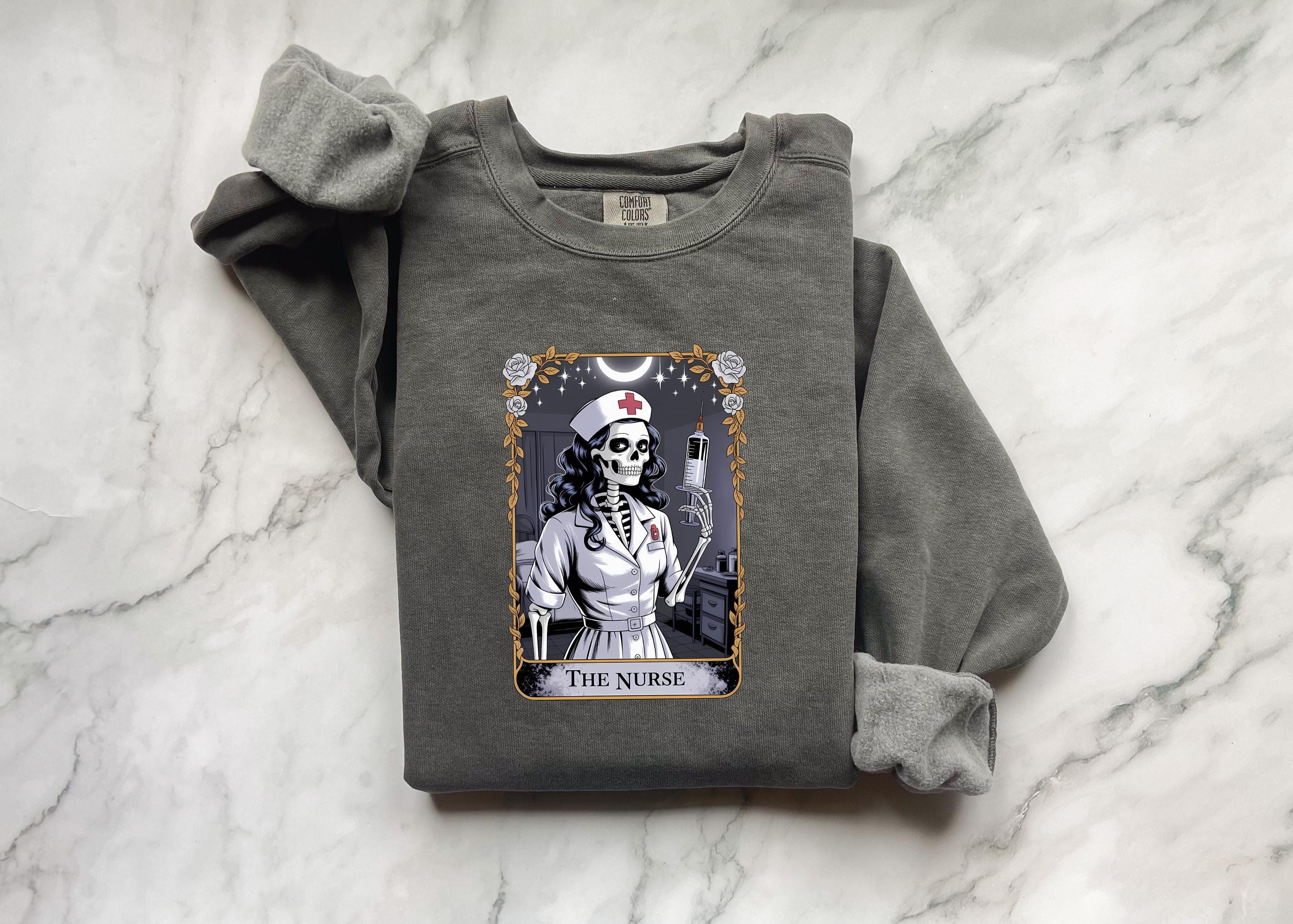 Halloween Nurse Skeleton Sweatshirt, Gothic Tarot Card Medical Pullover, Creepy RN Skull Top, Witchy Fall Aesthetic Shirt, Gift for Nurse