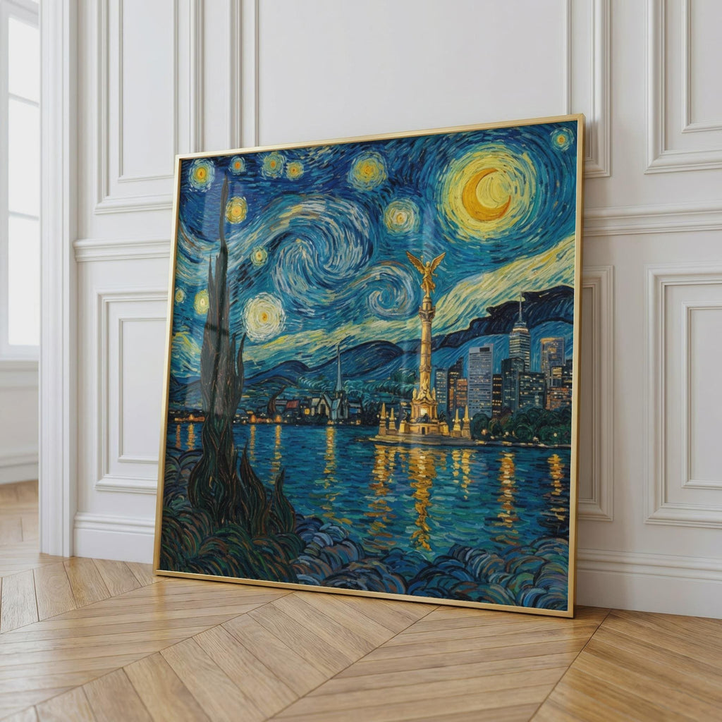 Mexico City Skyline Wall Art, Van Gogh Style Framed Canvas, Angel de la Independencia