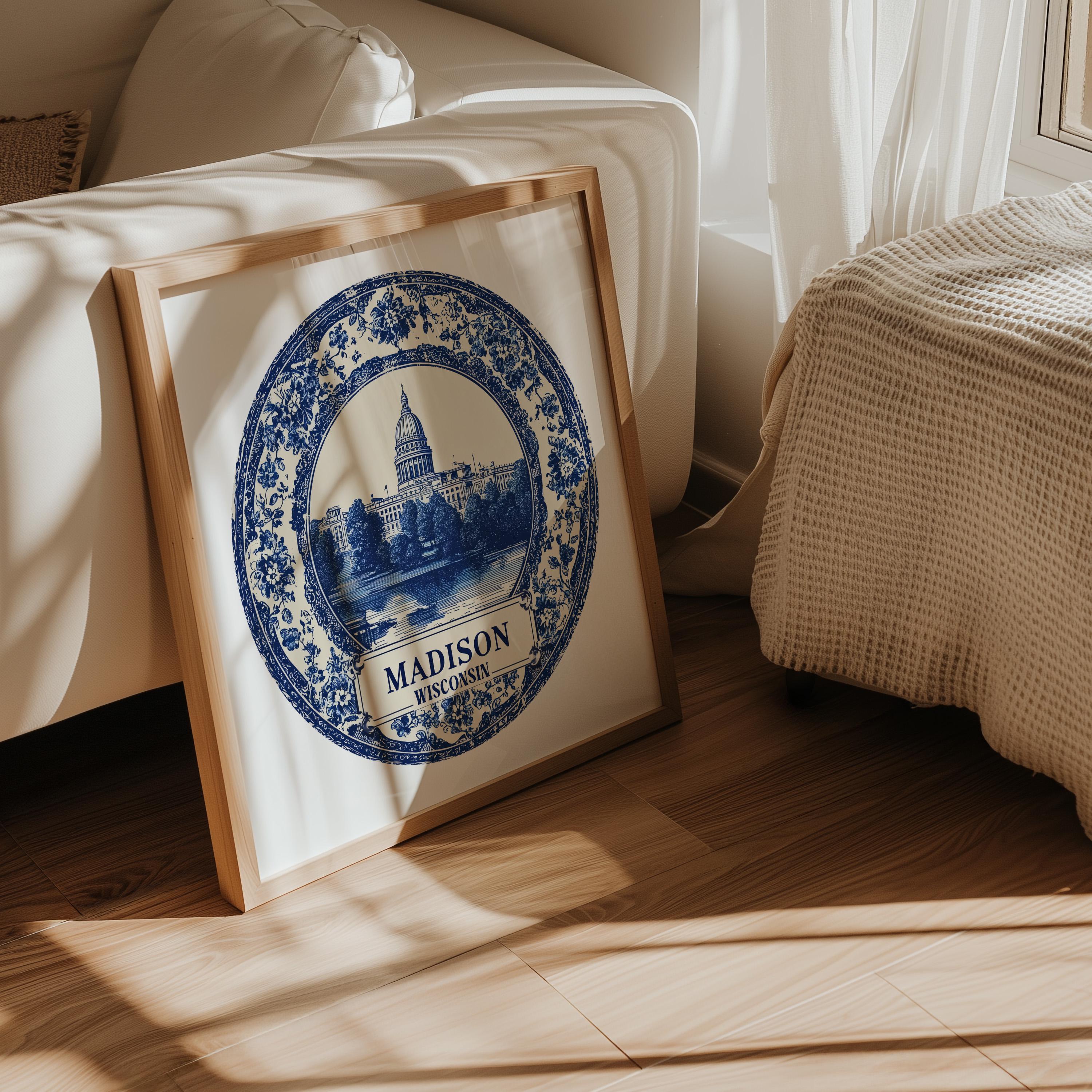 Madison Wisconsin Wall Art, Vintage Delft Blue Poster, City Print, Travel Home Decor