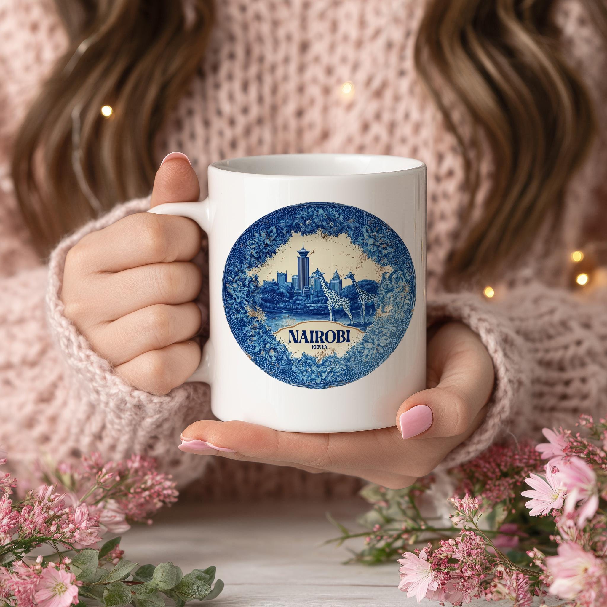 Nairobi Kenya Mug, Custom Delft Style cup, Personalized Vintage Travel City Gift