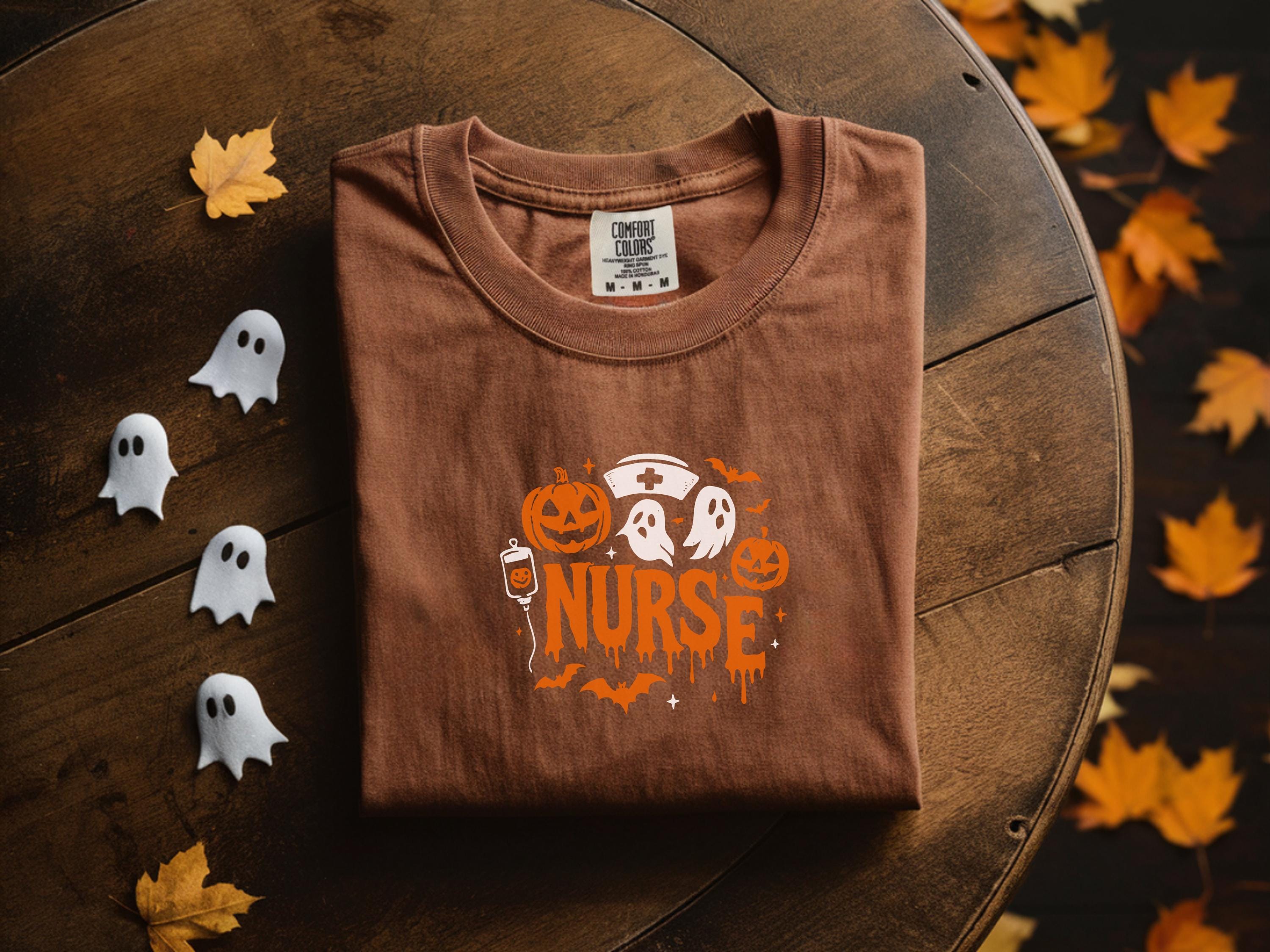Halloween Nurse Sweatshirt – Spooky Season Shirt with Ghosts, Pumpkins & Nurse Hat, Gift for nurse RN Healthcare workers