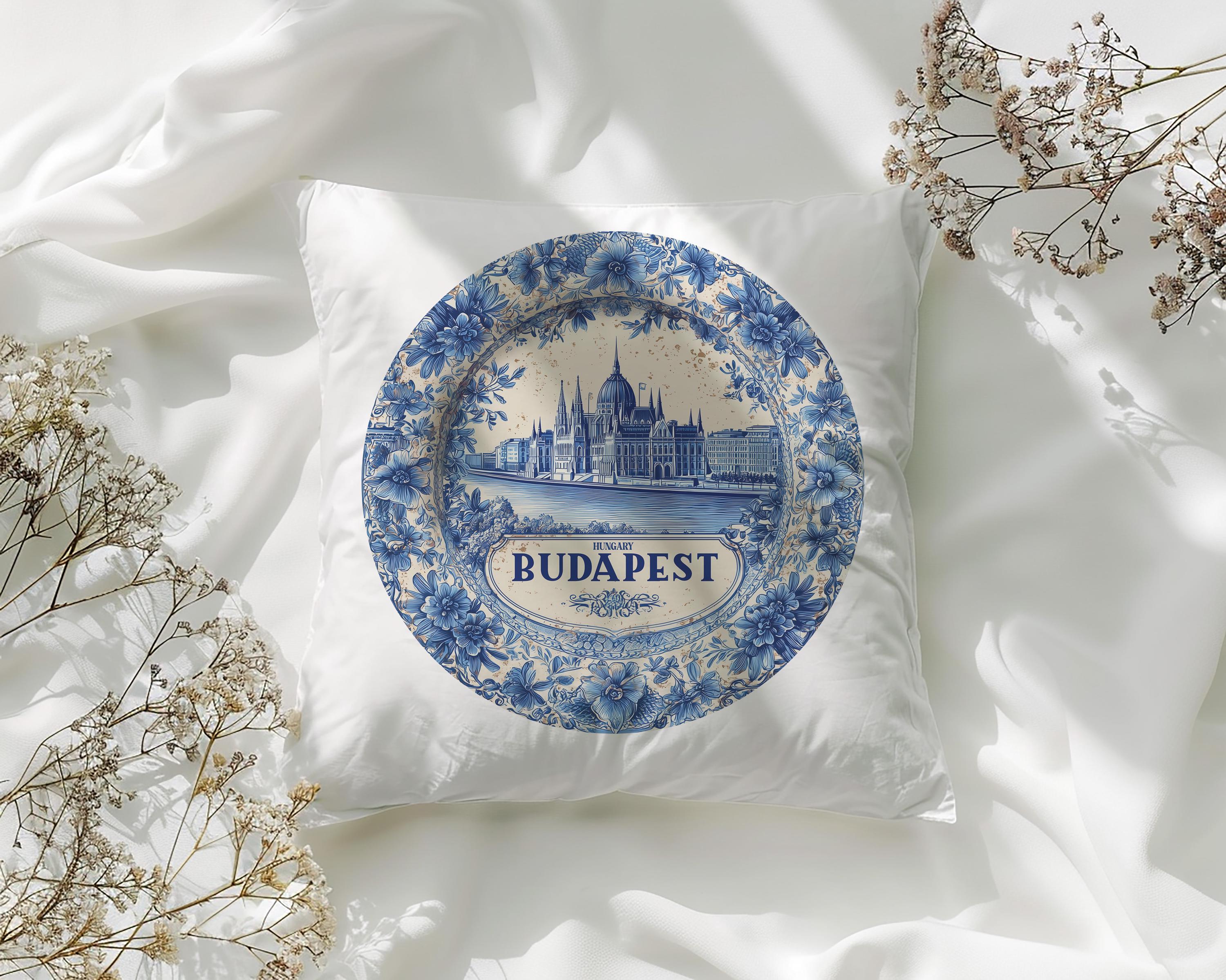 Budapest Hungary Pillowcase, Delft Style Decorative Throw Pillow, Vintage Cityscape Retro Home Decor
