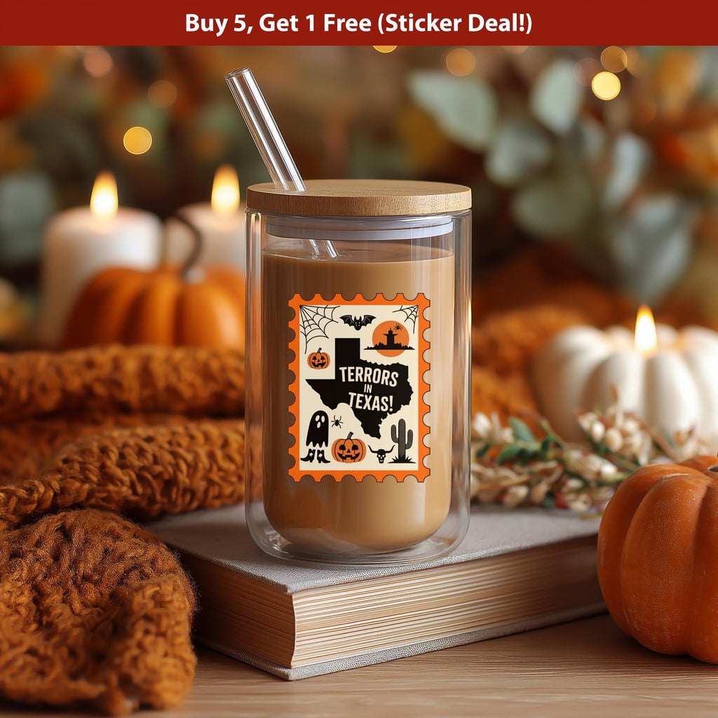 Texas Stamp Halloween Sticker, Spooky USA Kiss-Cut Vinyl, Waterproof Decal, United States Travel