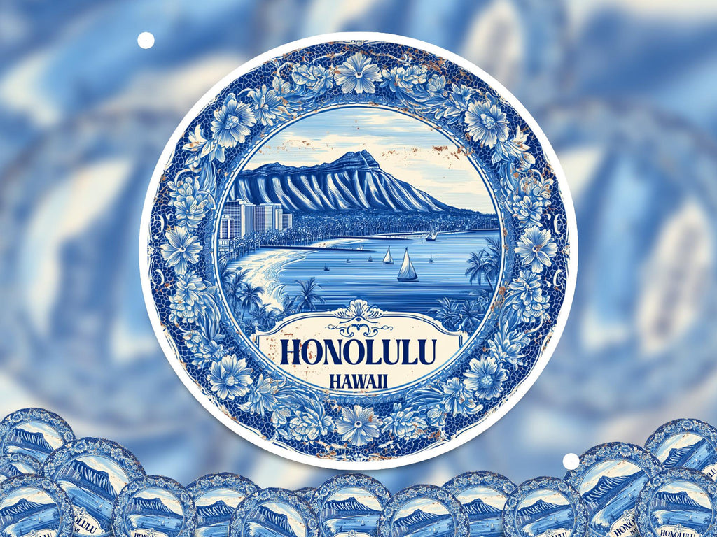 Honolulu Hawaii Sticker Vintage Delft style, Delftware Decal Waterproof Vinyl, Blue City Travel