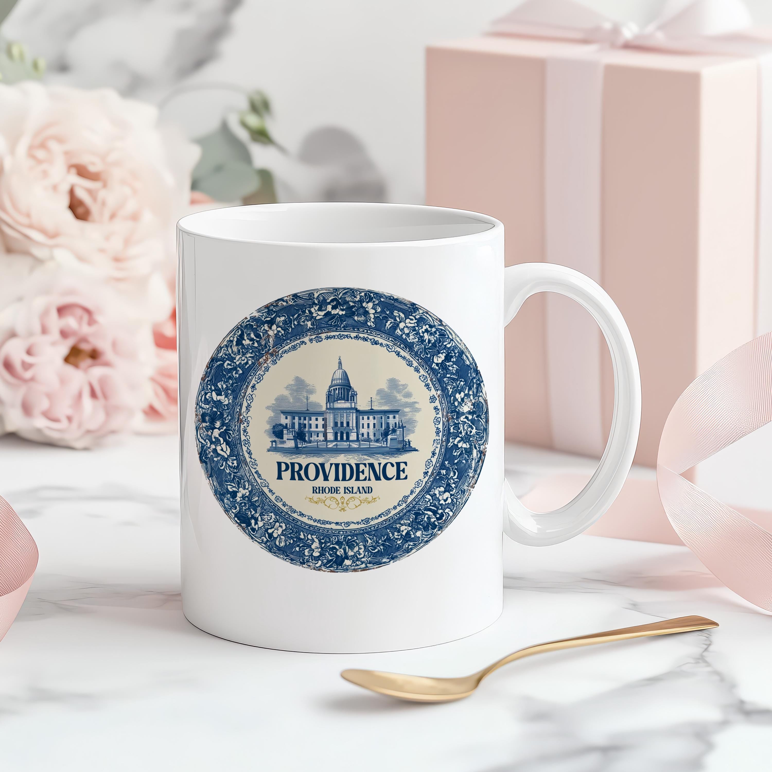 Providence Rhode Island Mug, Custom Delft Style cup, Personalized Vintage Travel City Gift