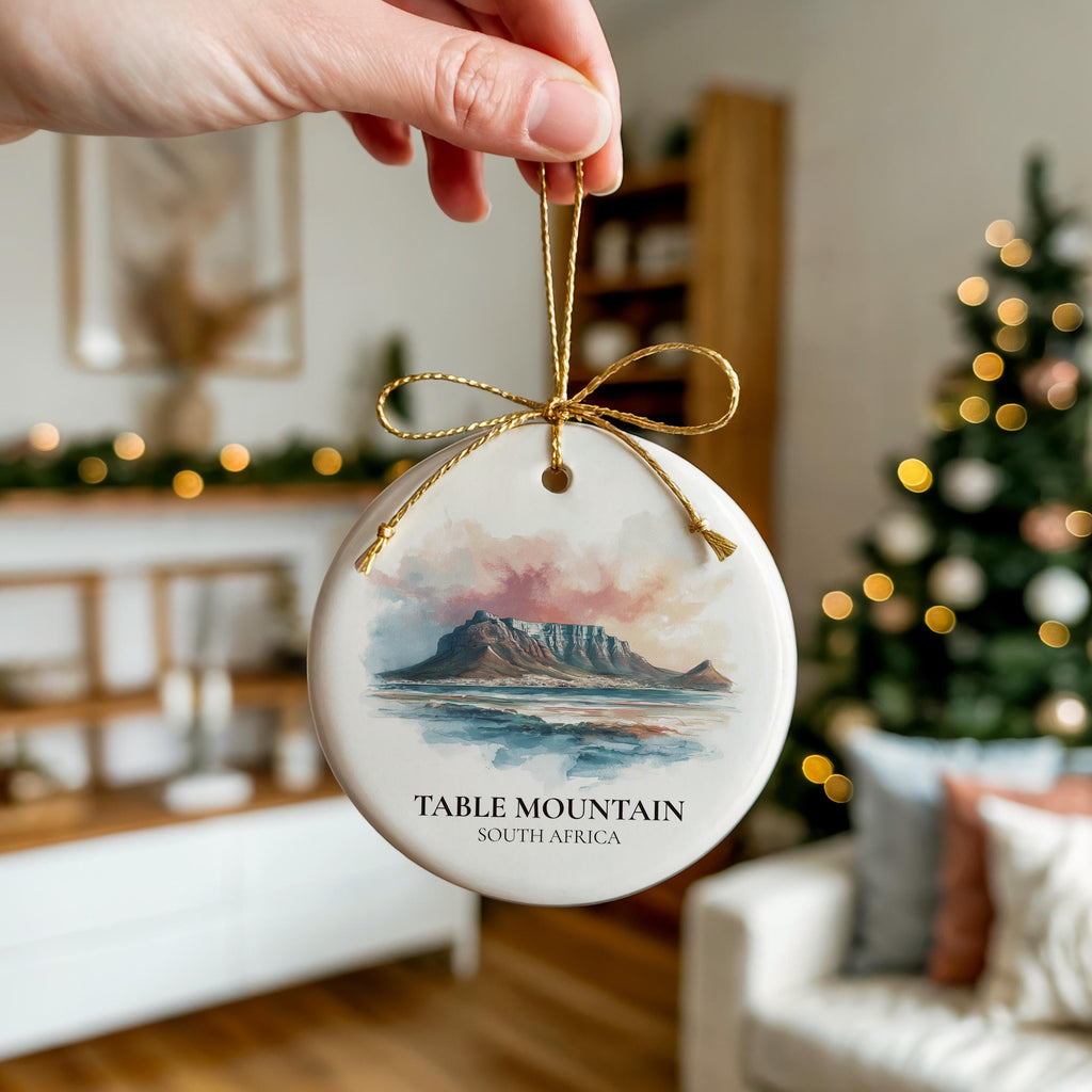 Table Mountain South Africa Personalized Watercolor Ornament, Custom Ceramic Christmas gift, Travel Keepsake