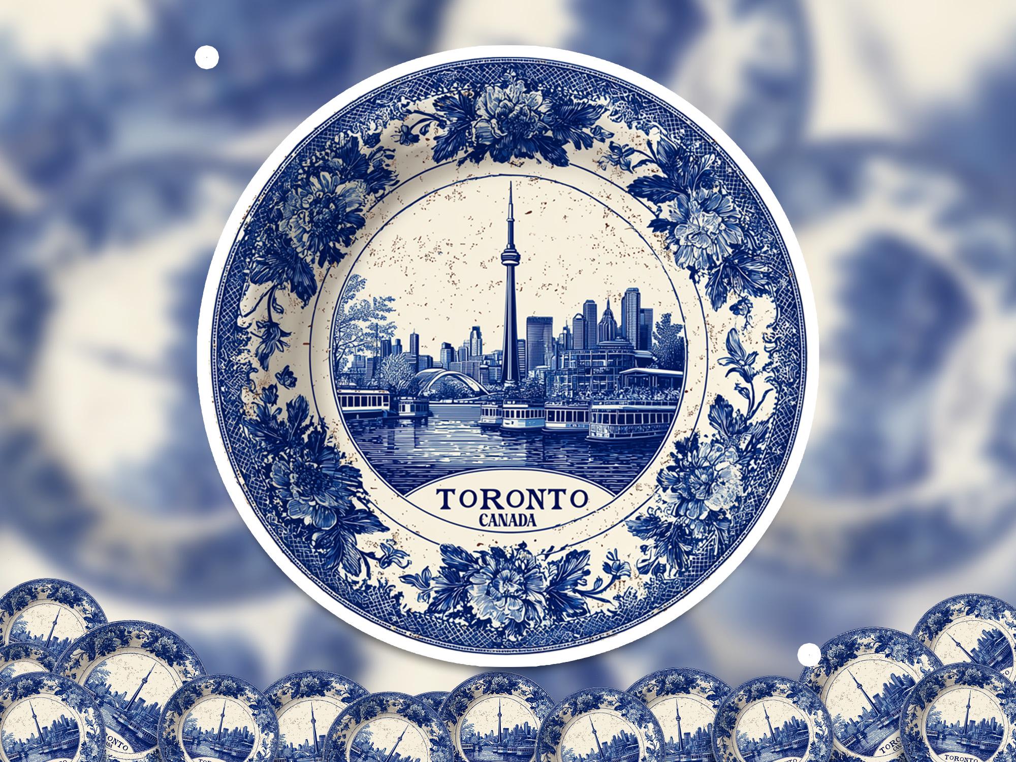 Toronto Canada Sticker Vintage Delft style, Delftware Decal Waterproof Vinyl, Blue City Travel