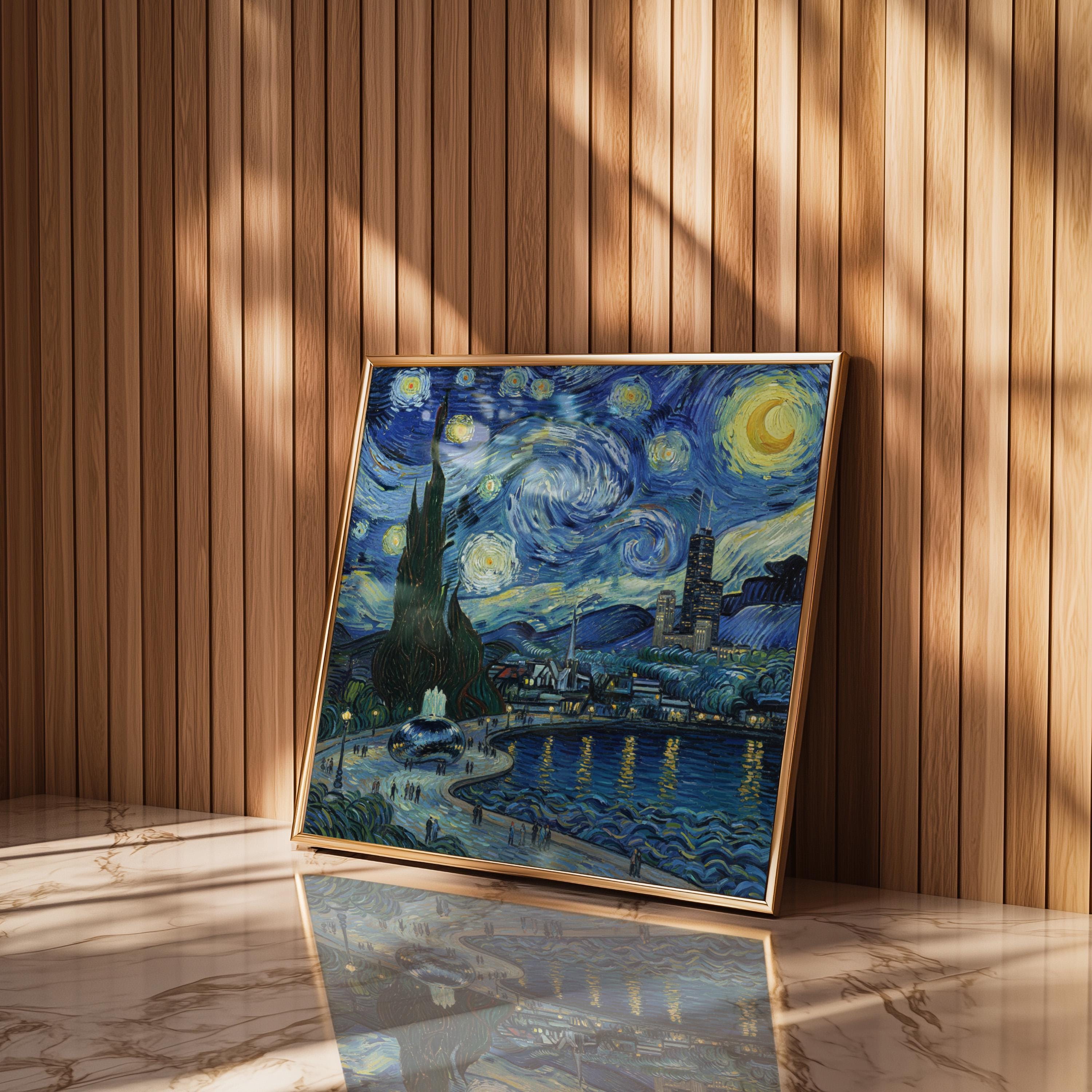 Chicago Illinois Starry Night Wall Art, Van Gogh Print, Travel Gift Home Decor