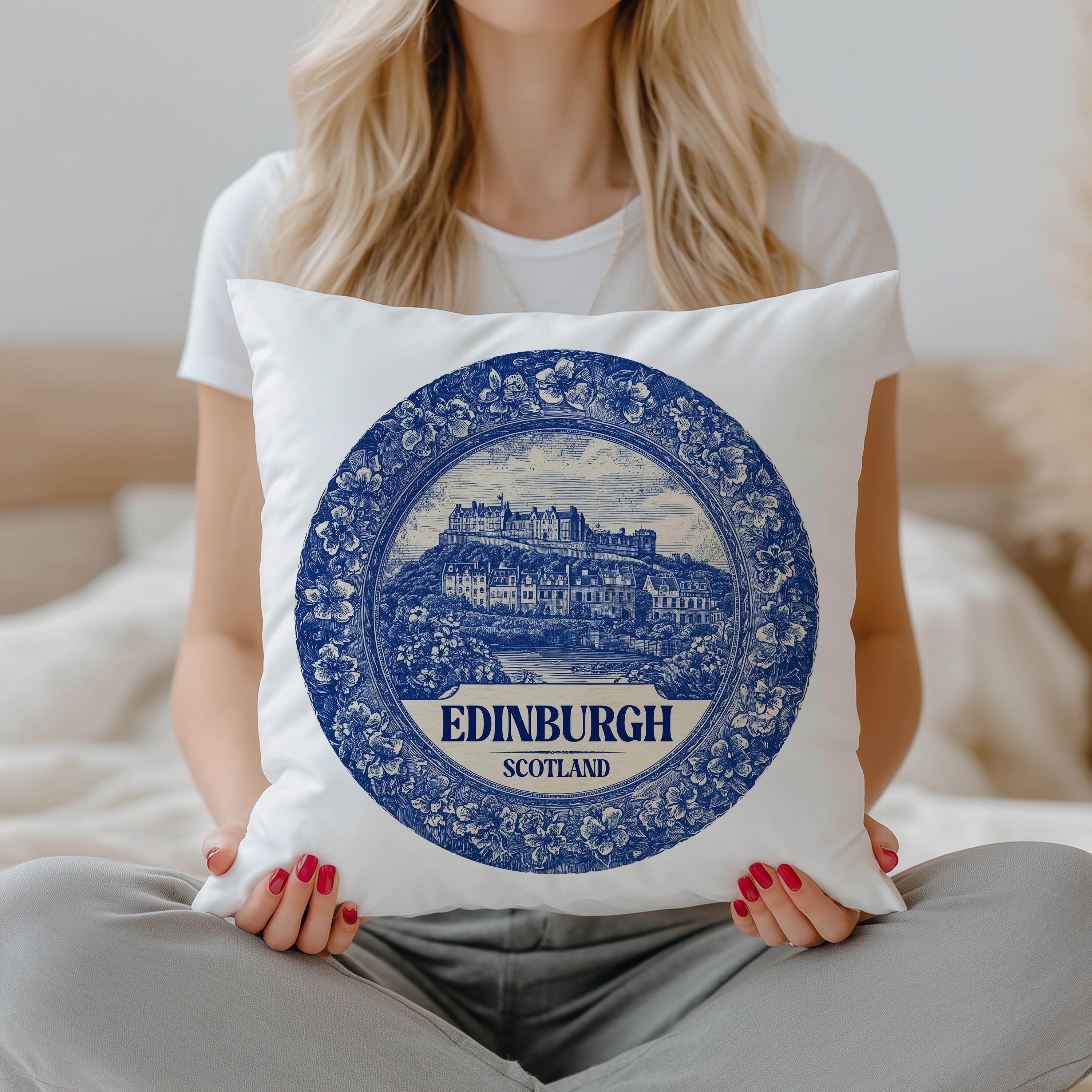 Edinburgh Scotland Pillowcase, Delft Style Decorative Throw Pillow, Vintage Cityscape Retro Home Decor