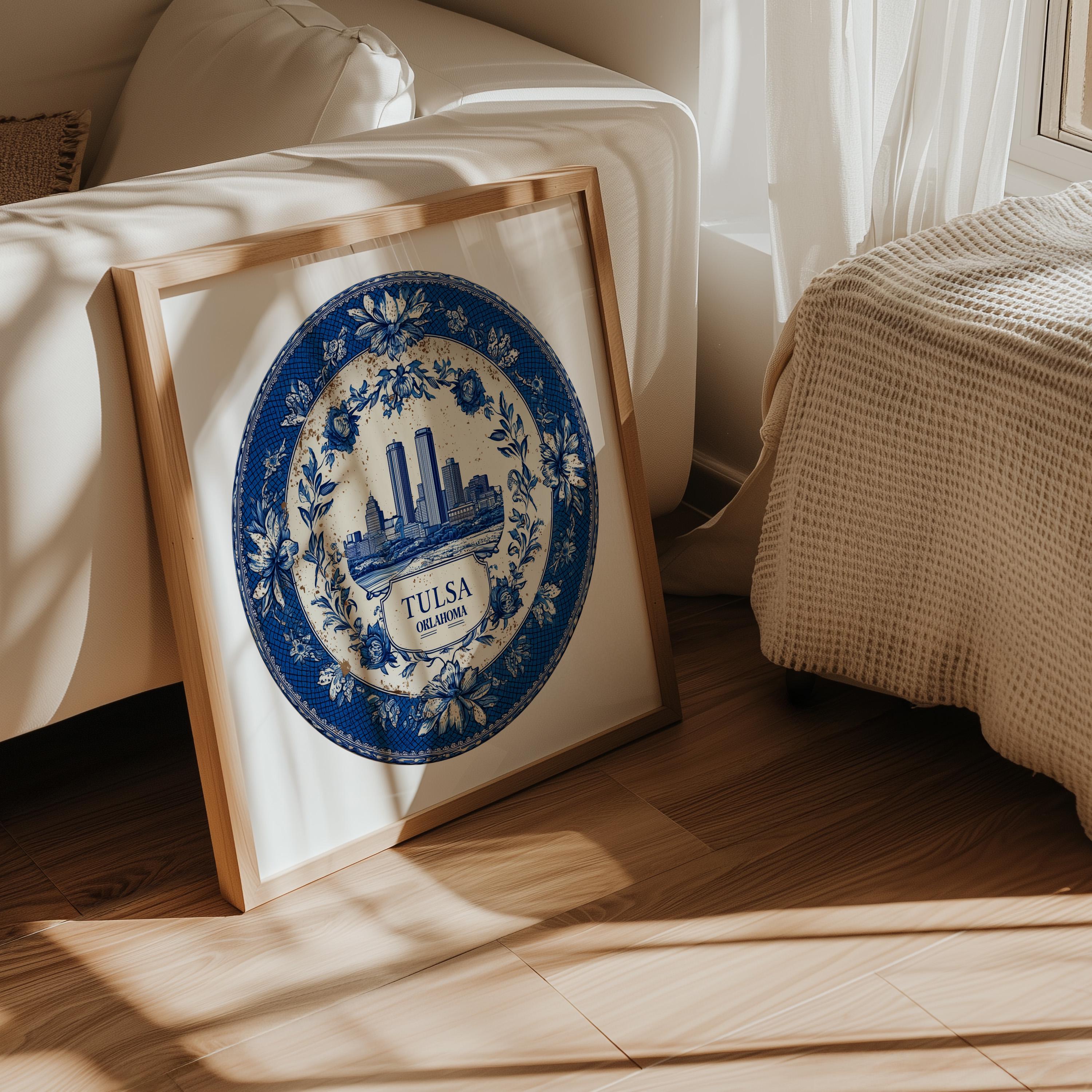 Tulsa Oklahoma Wall Art, Vintage Delft Blue Poster, City Print, Travel Home Decor