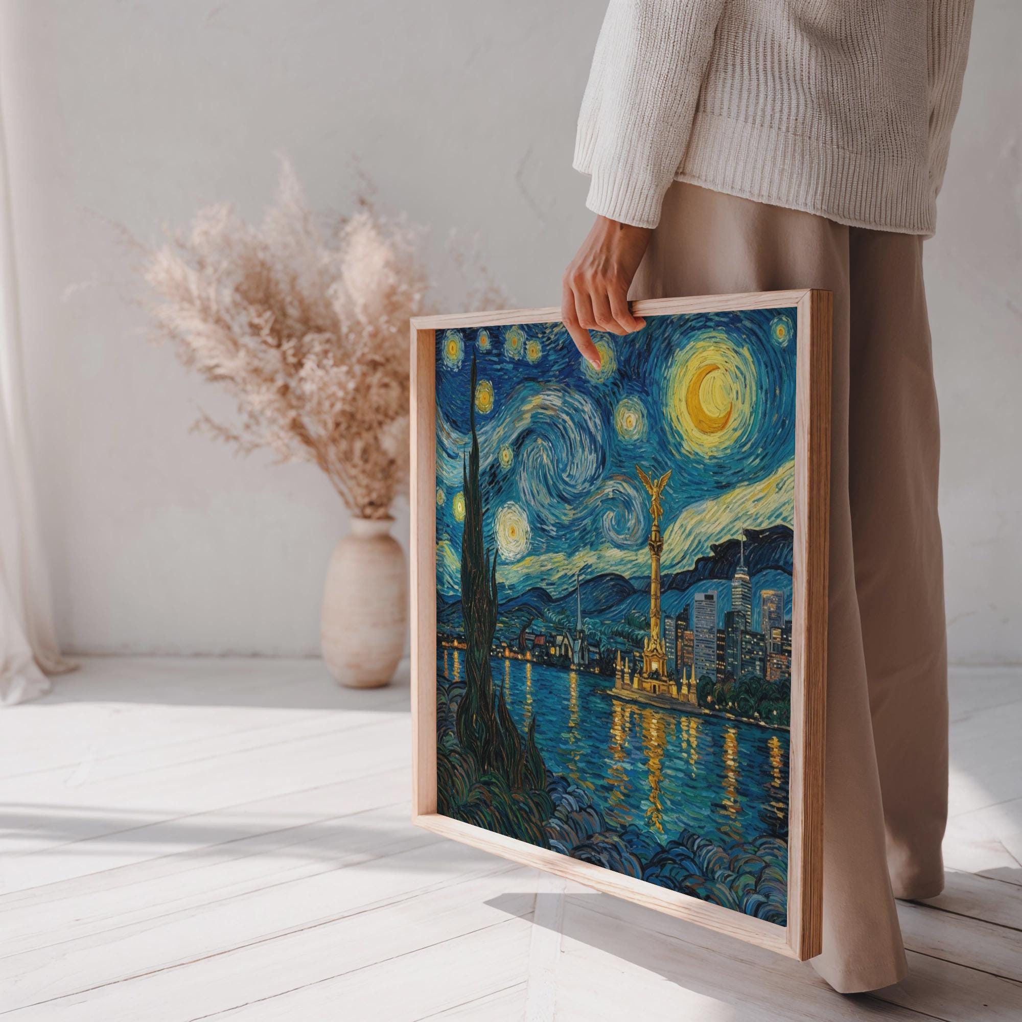 Mexico City Skyline Wall Art, Van Gogh Style Framed Canvas, Angel de la Independencia
