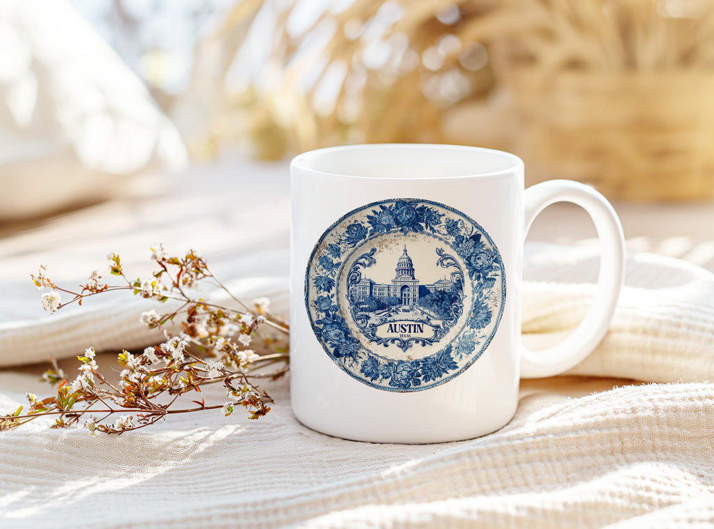 Austin Texas Mug, Custom Delft Style cup, Personalized Vintage Travel City Gift