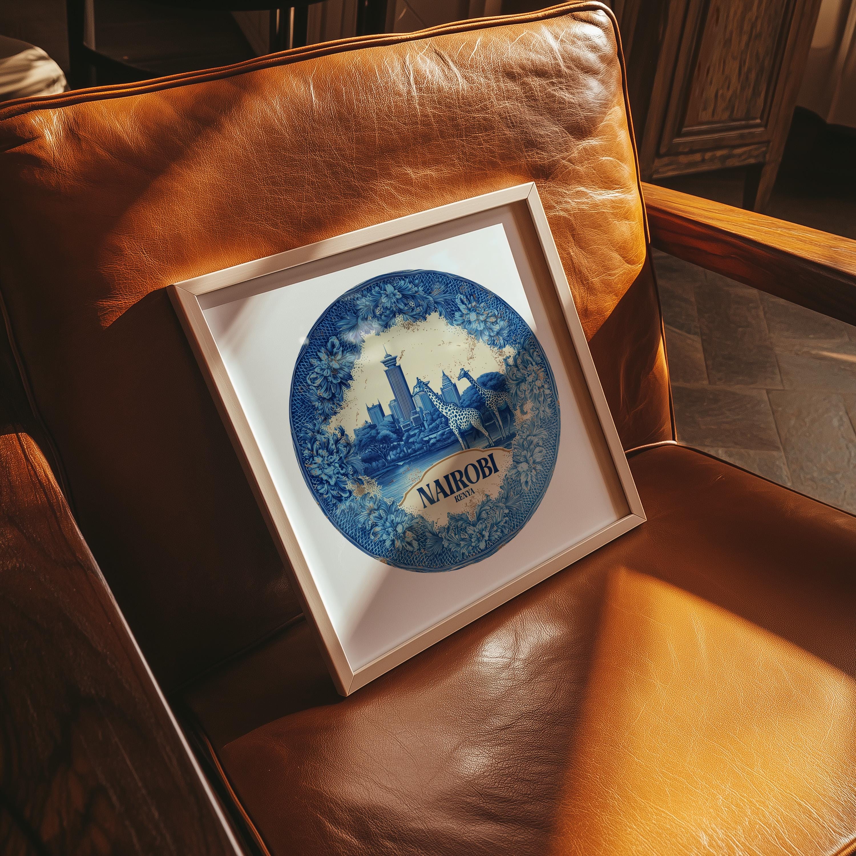 Nairobi Kenya Wall Art, Vintage Delft Blue Poster, City Print, Travel Home Decor