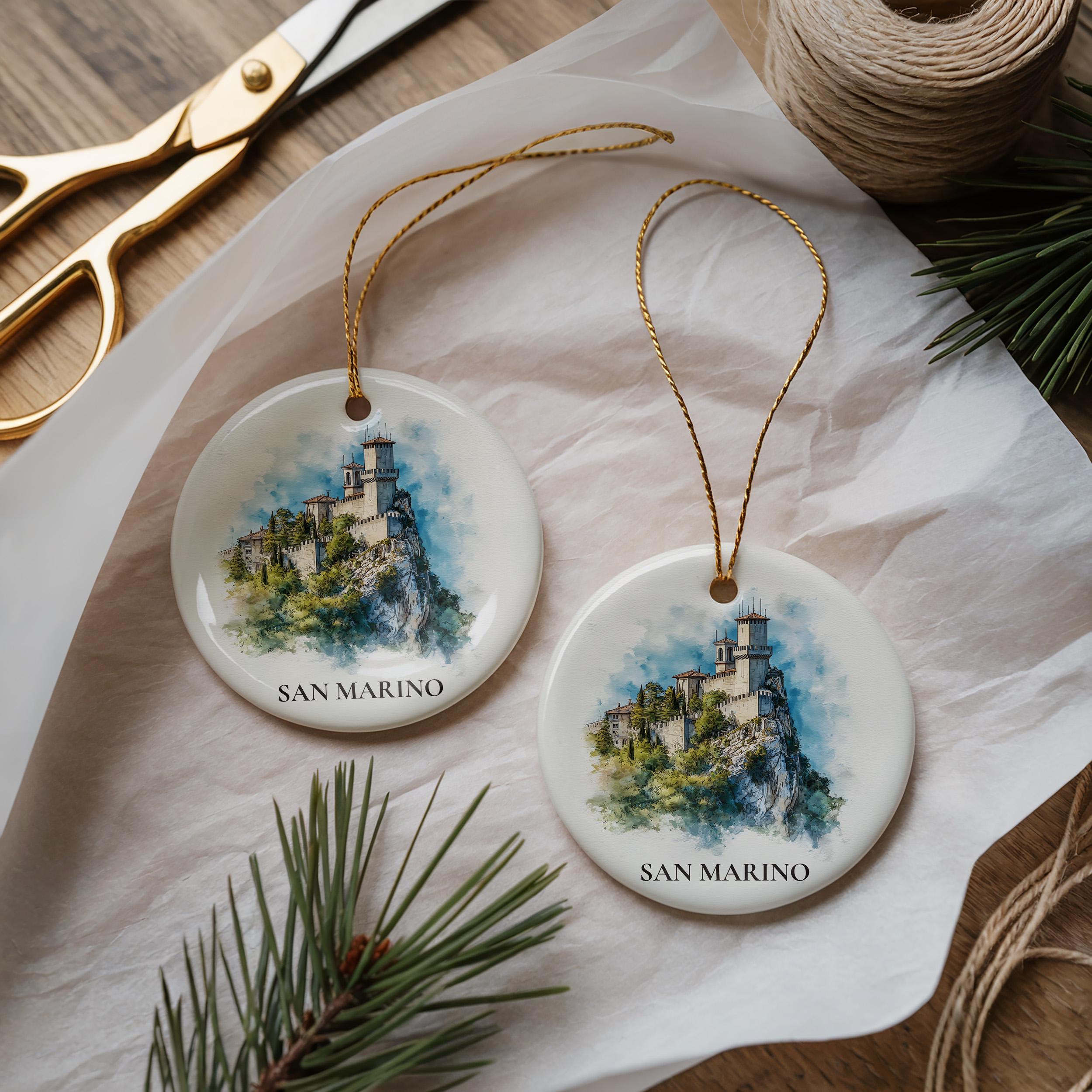 San Marino Personalized Watercolor Ornament, Custom Ceramic Christmas gift, Travel Keepsake
