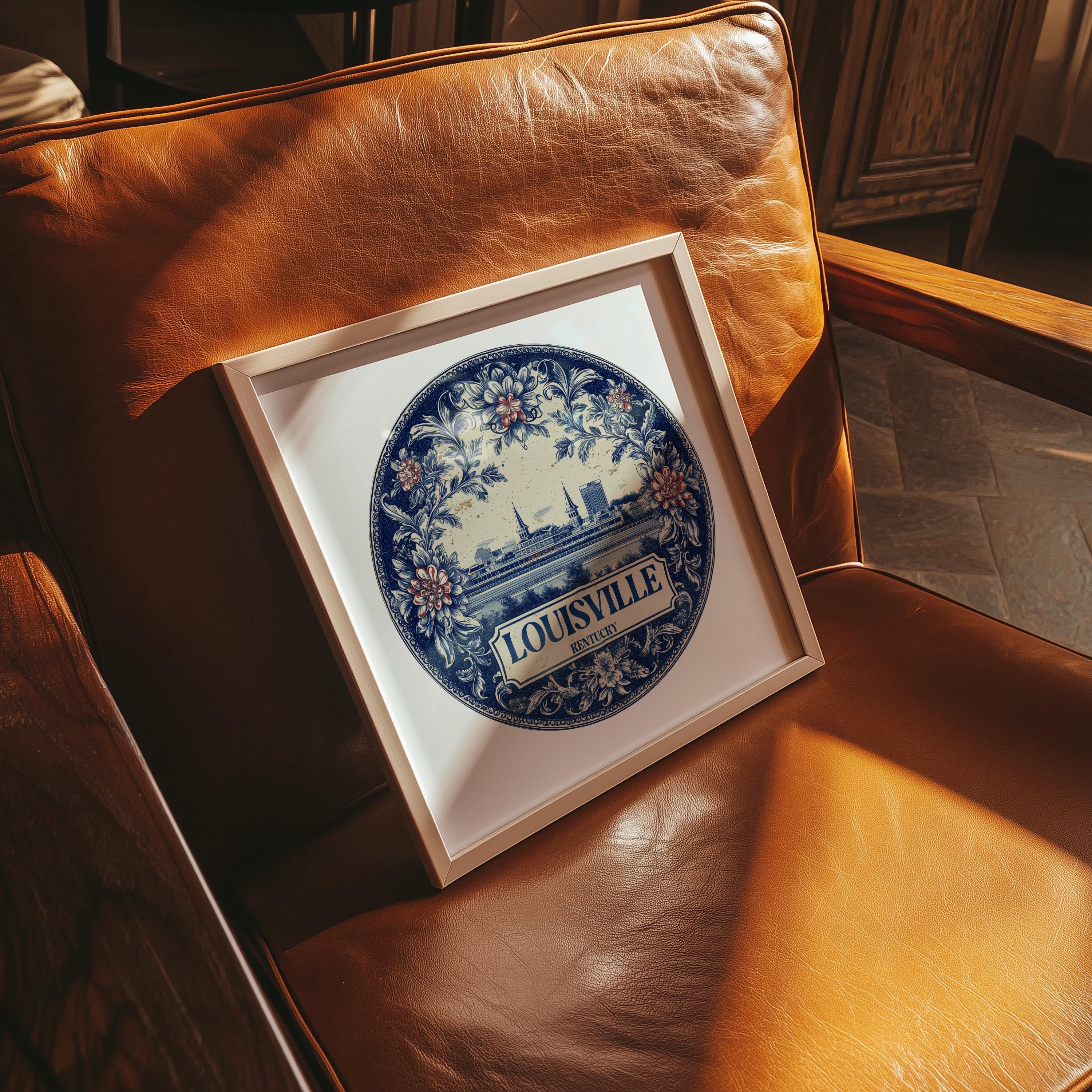 Louisville Kentucky Wall Art, Vintage Delft Blue Poster, City Print, Travel Home Decor