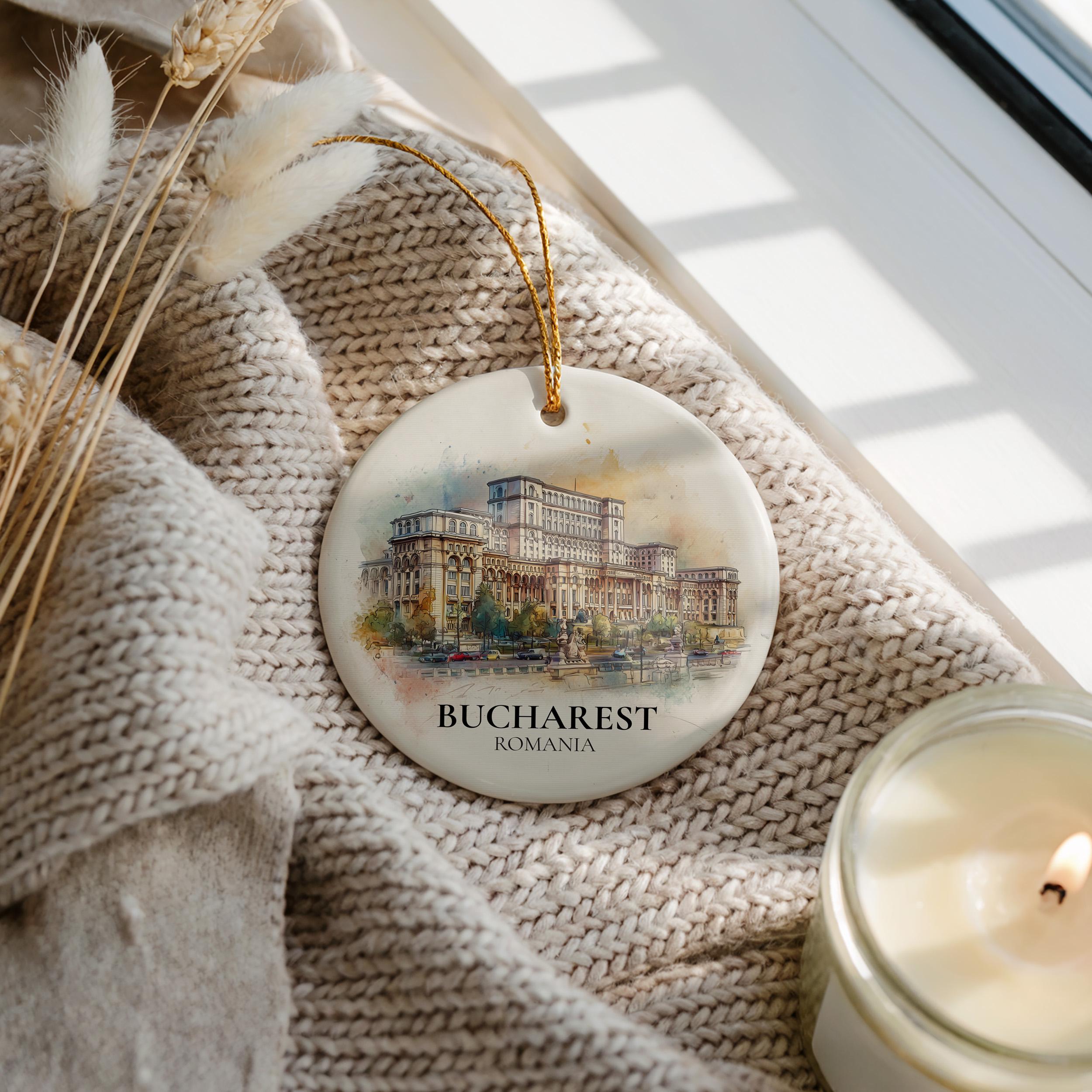 Bucharest Romania Personalized Watercolor Ornament, Custom Ceramic Christmas gift, Travel Keepsake