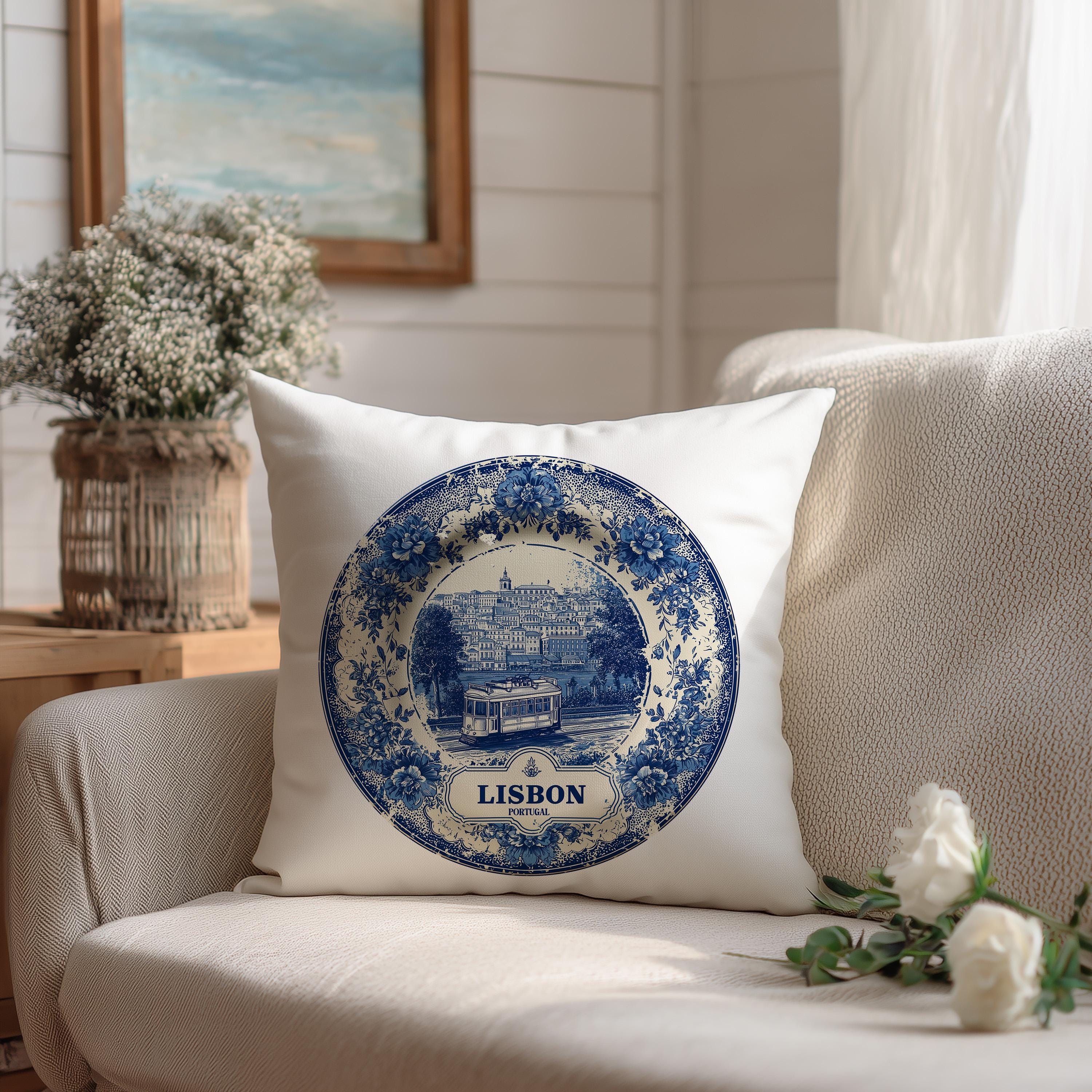 Lisbon Portugal Pillowcase, Delft Style Decorative Throw Pillow, Vintage Cityscape Retro Home Decor