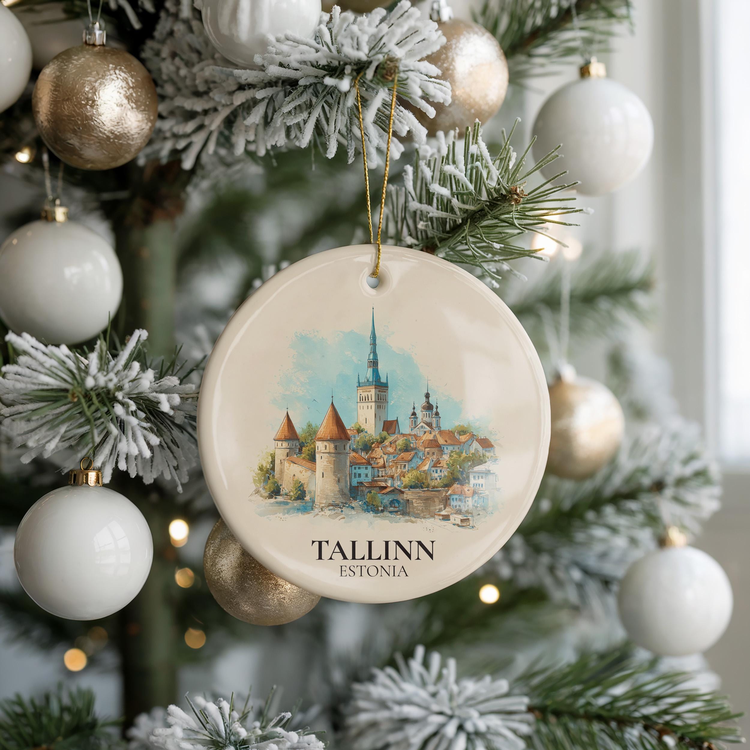 Tallinn Estonia Custom Watercolor Ornament, Personalized Ceramic Christmas gift, Travel Keepsake