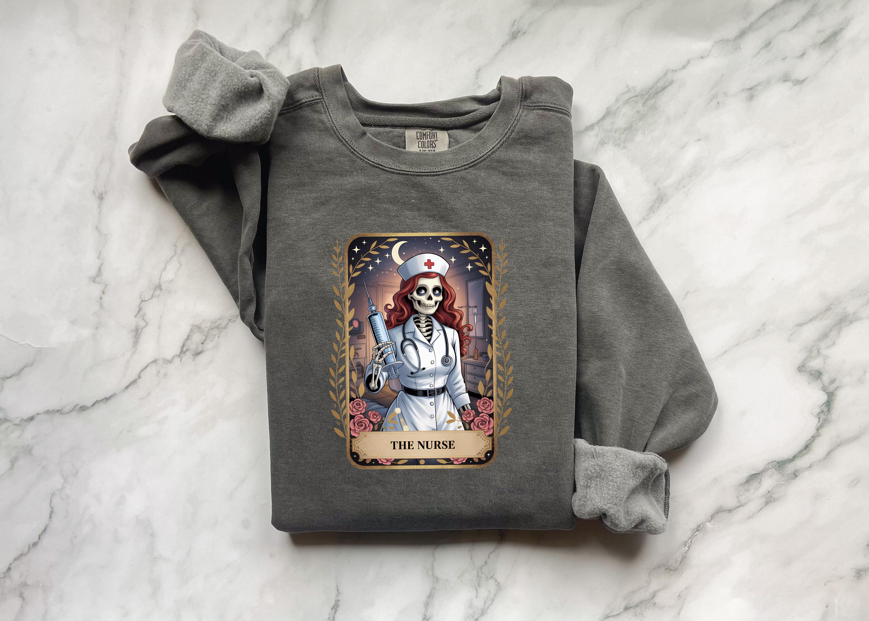 Skeleton Nurse Halloween Sweatshirt, Spooky Gothic Tarot Card Pullover, Creepy RN Medical Apparel, Retro Witchy Fall Top, Gift for Nurse