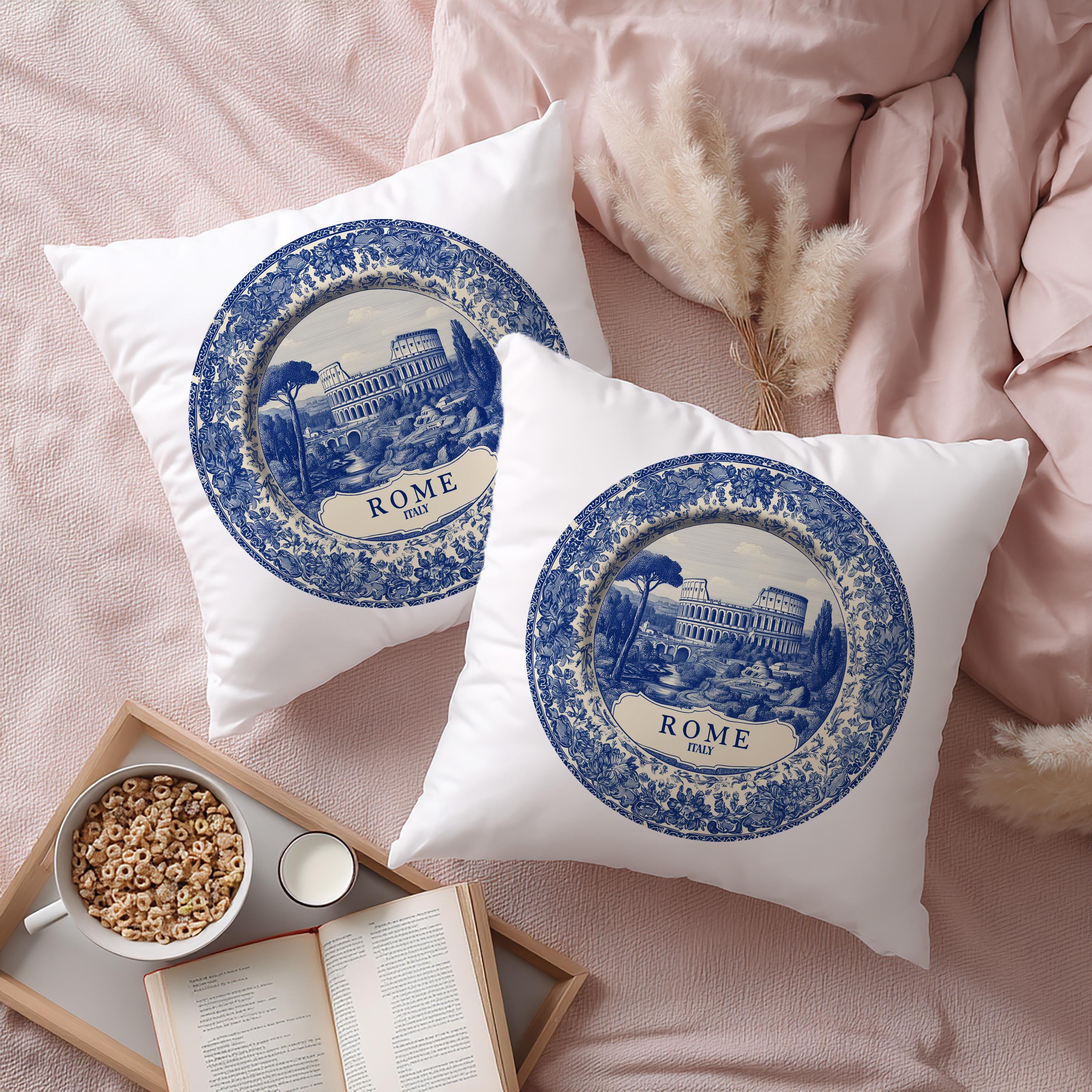 Rome Italy Pillowcase, Delft Style Decorative Throw Pillow, Vintage Cityscape Retro Home Decor