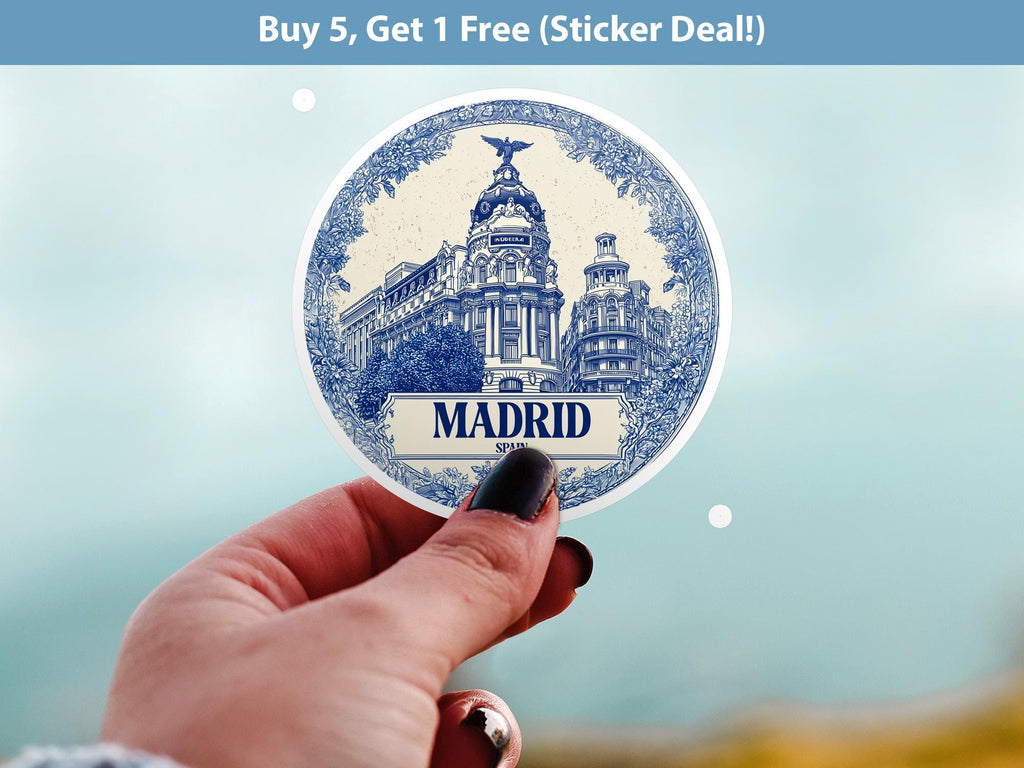 Madrid Spain Sticker Vintage Delft style, Delftware Decal Waterproof Vinyl, Blue City Travel