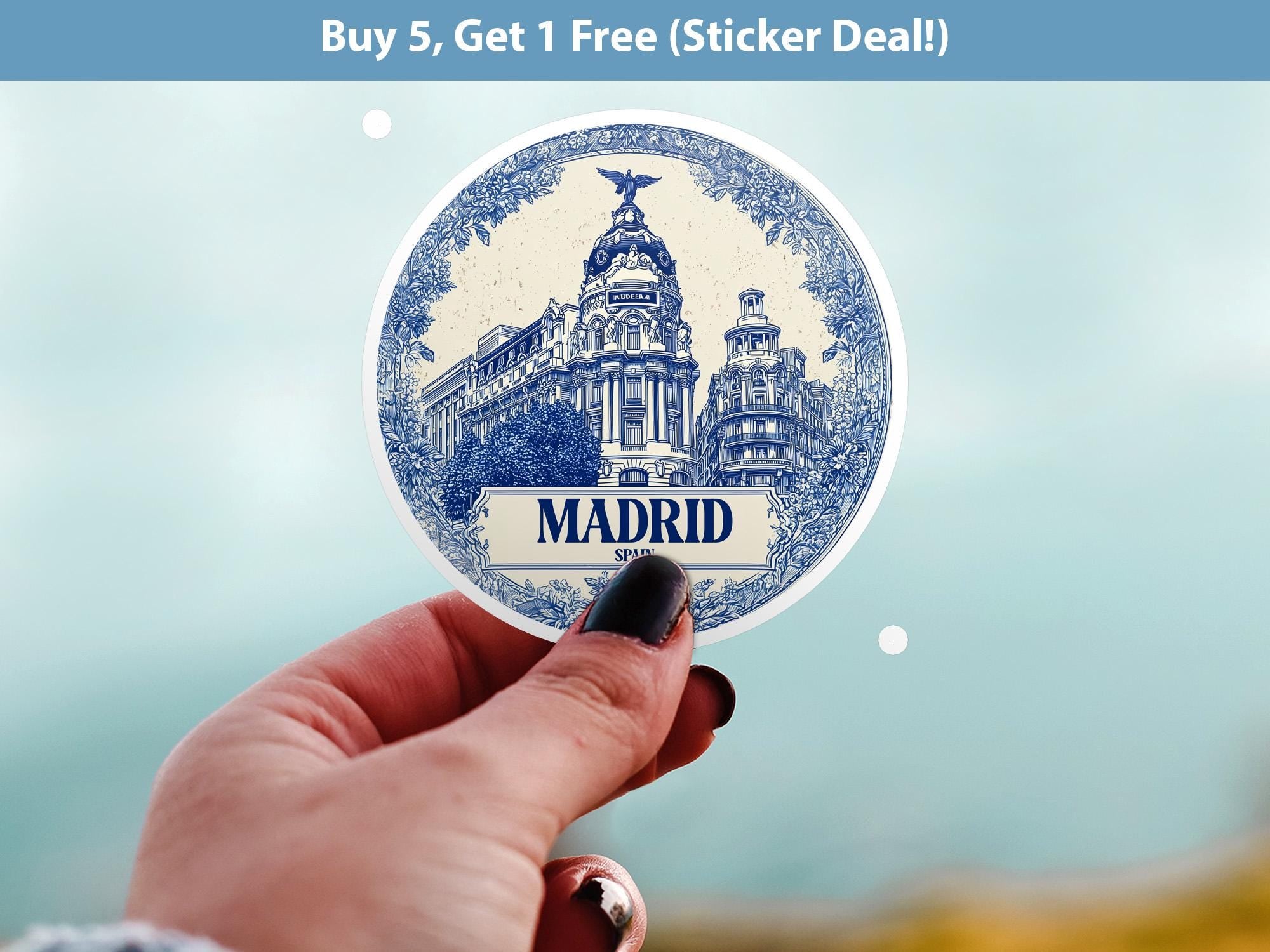 Madrid Spain Sticker Vintage Delft style, Delftware Decal Waterproof Vinyl, Blue City Travel