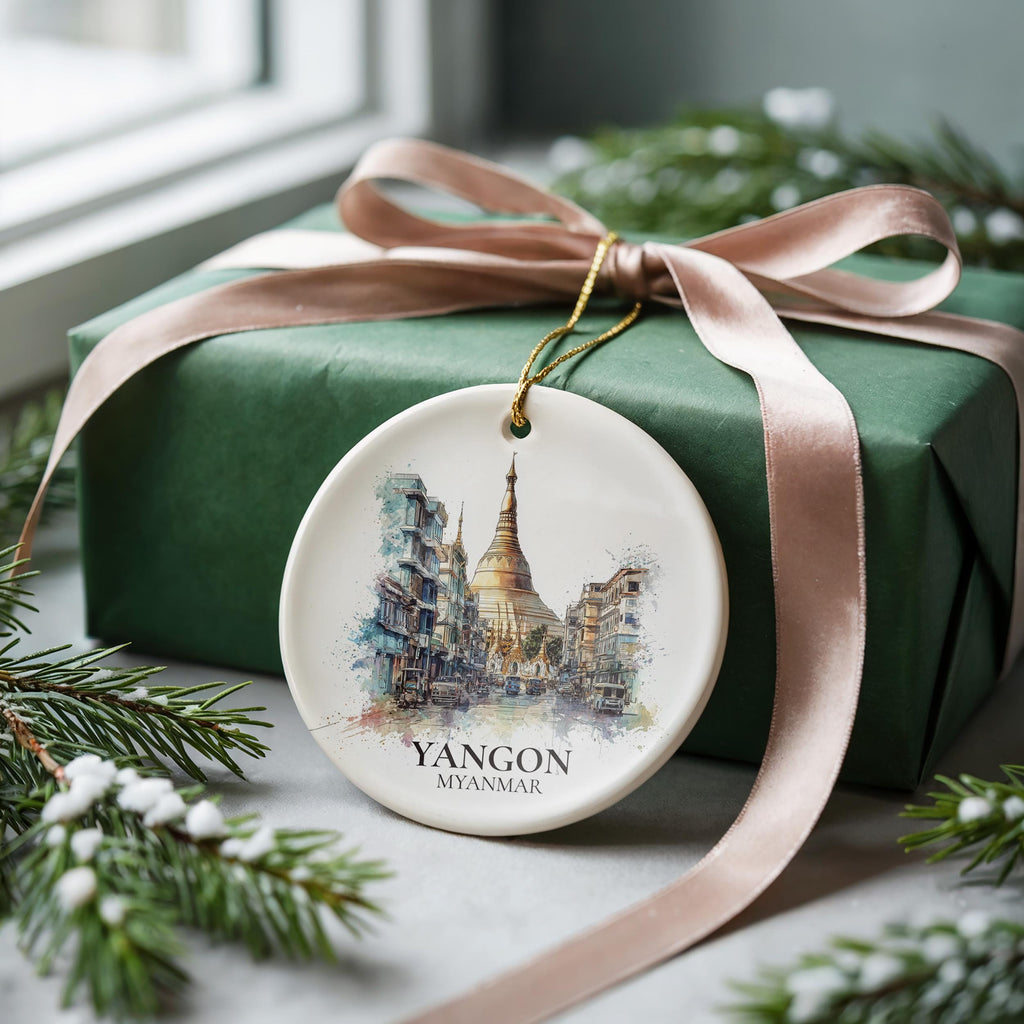 Yangon Myanmar Personalized Watercolor Ornament, Custom Ceramic Christmas gift, Travel Keepsake