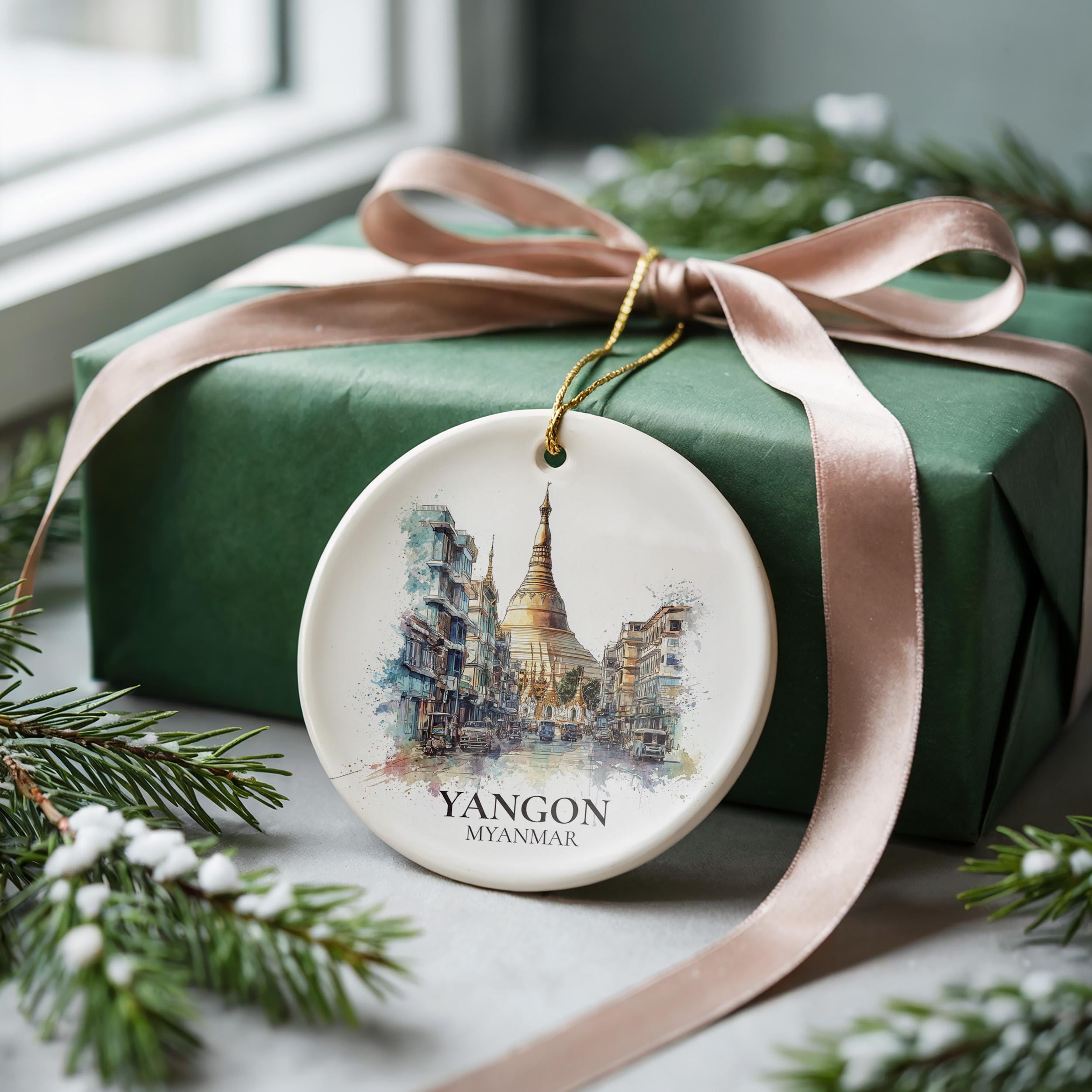 Yangon Myanmar Personalized Watercolor Ornament, Custom Ceramic Christmas gift, Travel Keepsake
