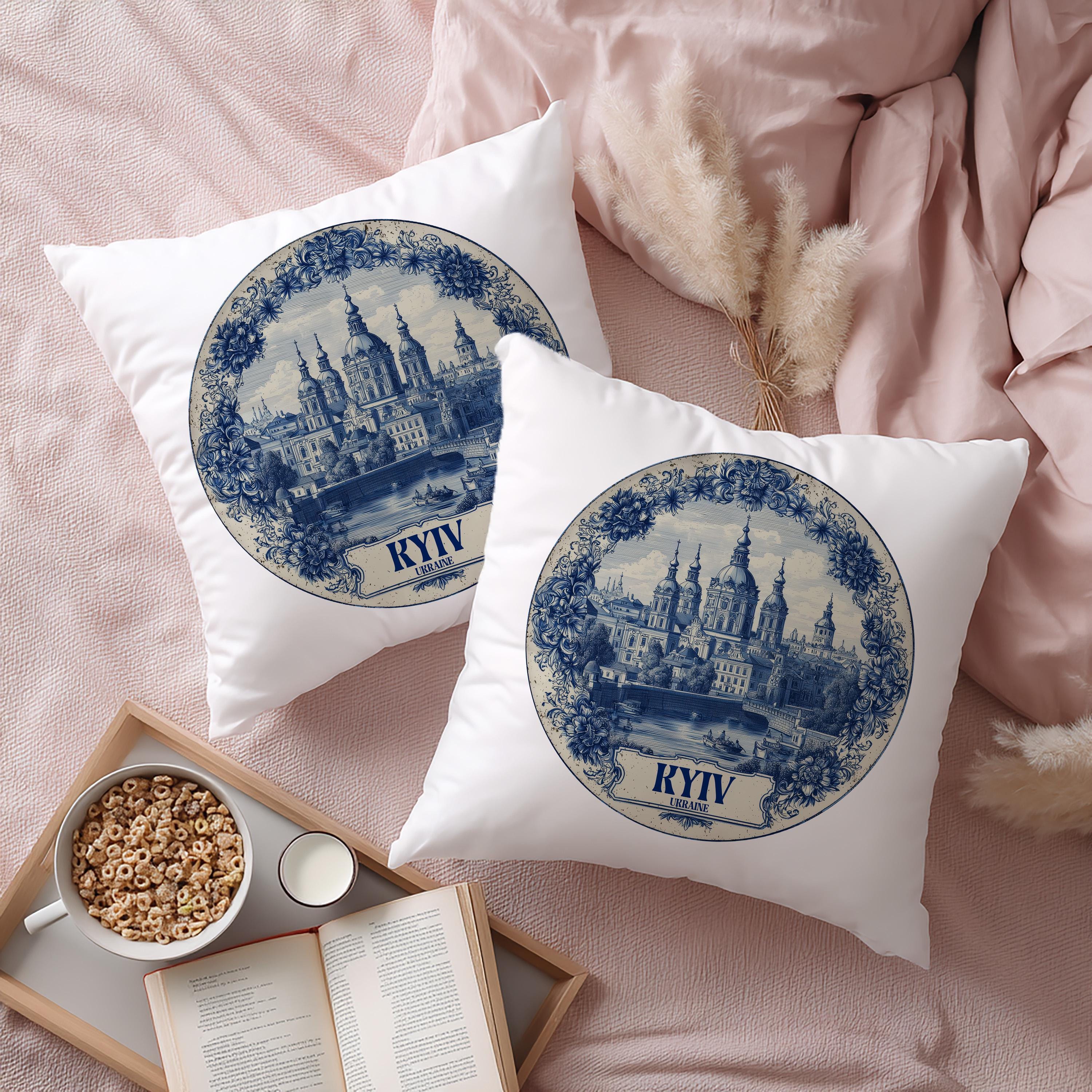 Kyiv Ukraine Pillowcase, Delft Style Decorative Throw Pillow, Vintage Cityscape Retro Home Decor
