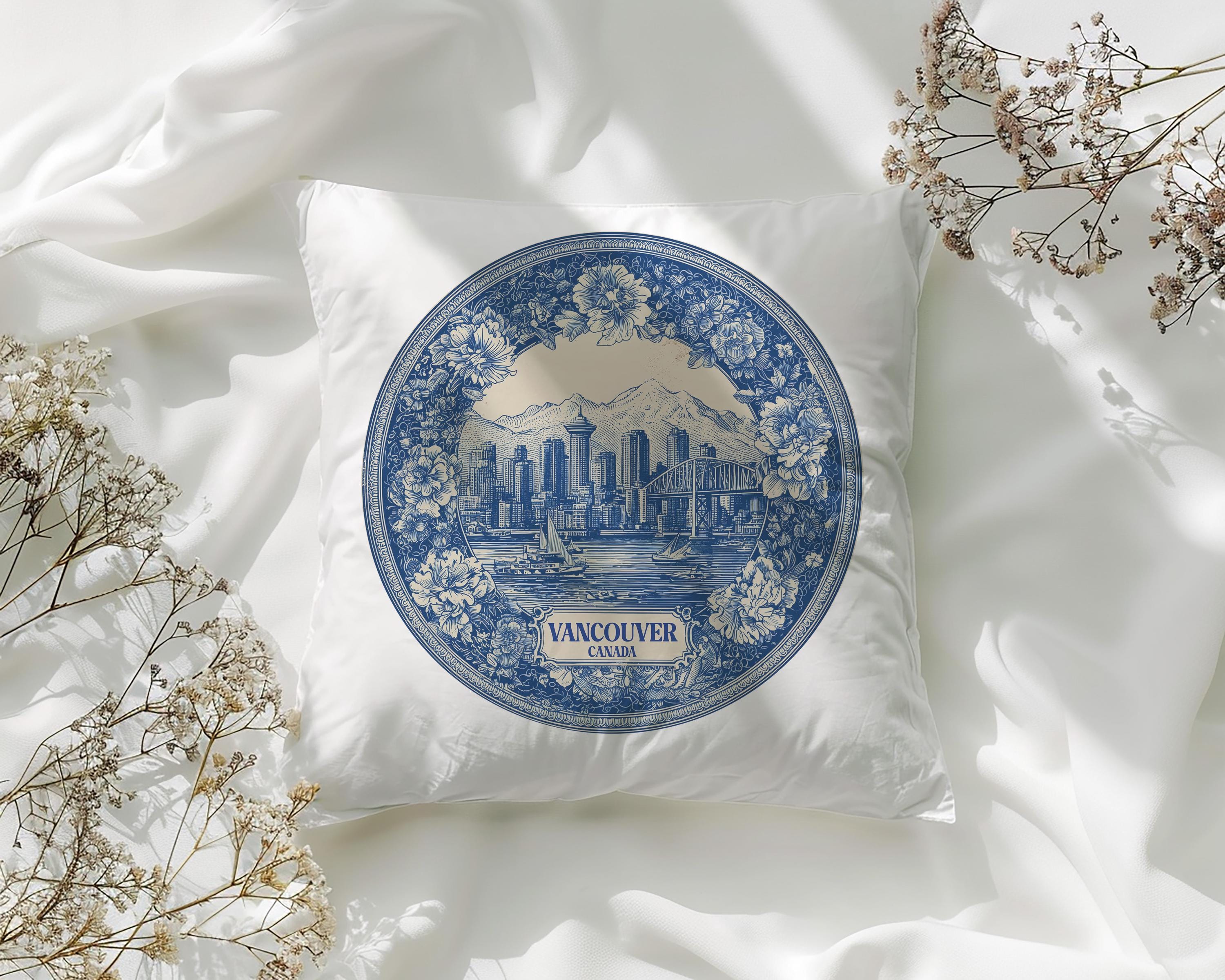 Vancouver Canada Pillowcase, Delft Style Decorative Throw Pillow, Vintage Cityscape Retro Home Decor