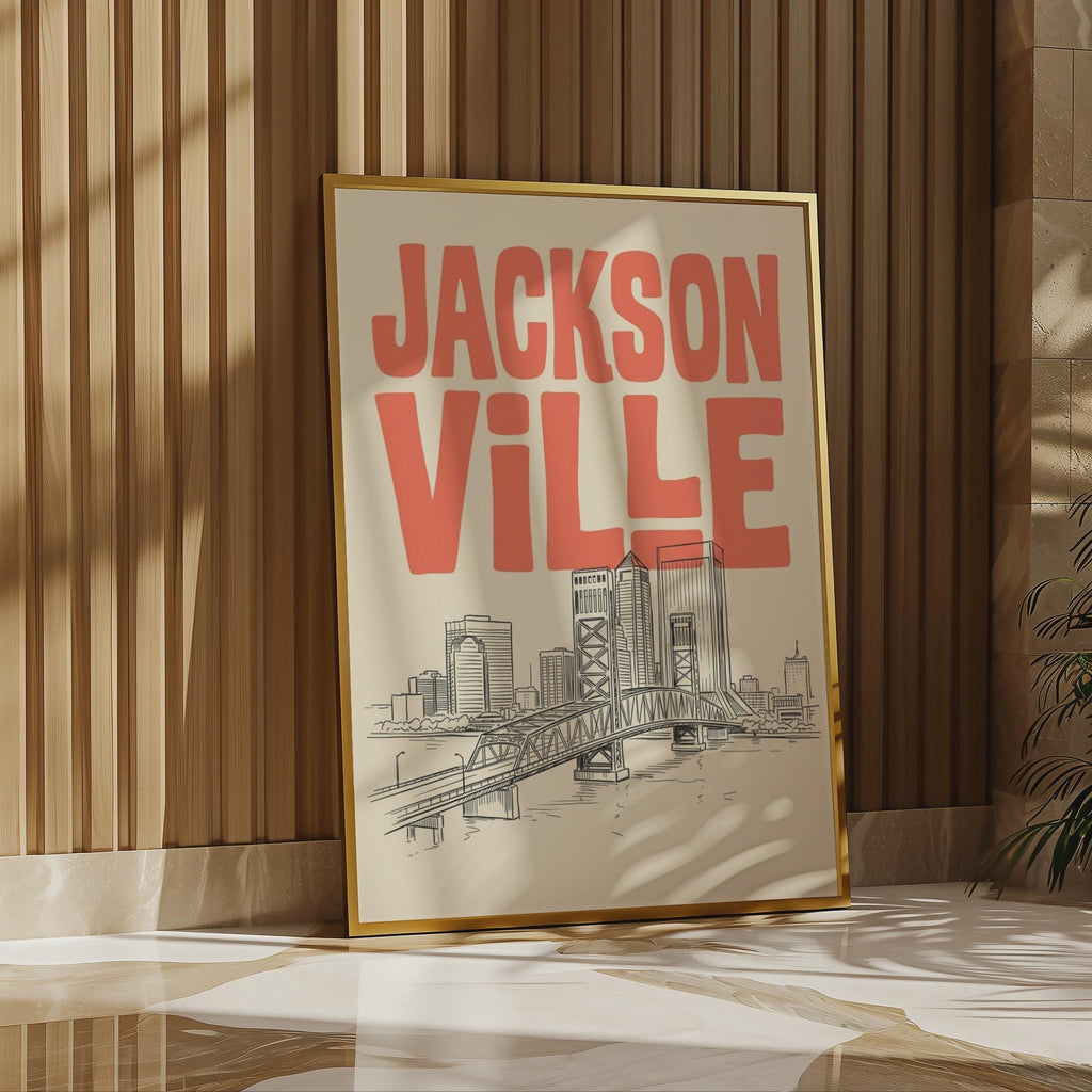 Jacksonville Florida Skyline Minimalist Wall Art, Framed Canvas Print, Retro City Decor
