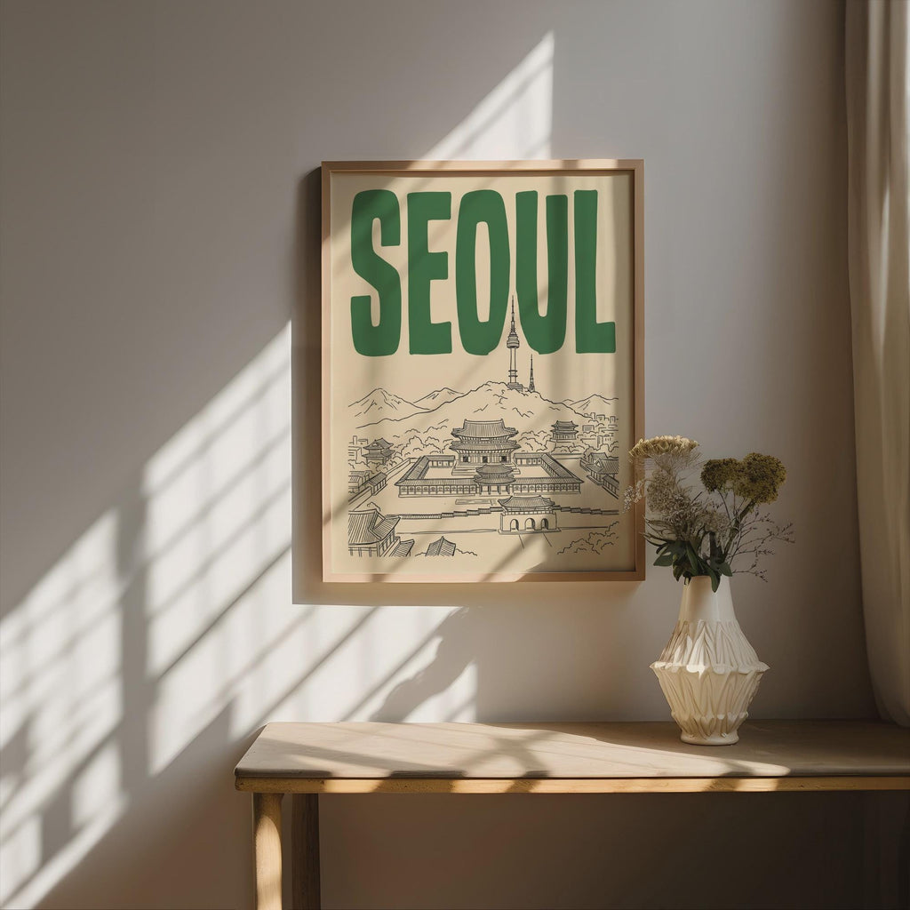 Seoul South Korea Wall Art, Framed Canvas Print, Retro Travel Decor
