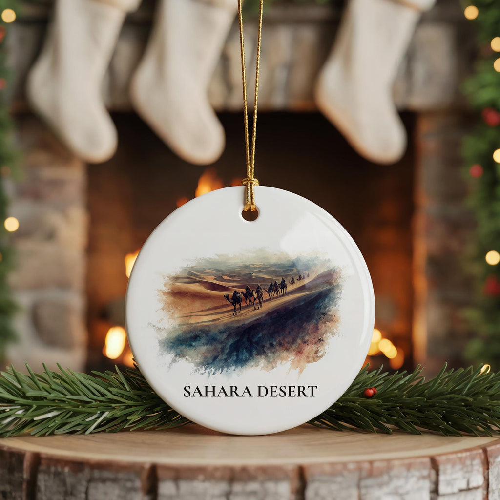 Sahara Desert Personalized Watercolor Ornament, Custom Ceramic Christmas gift, Travel Keepsake