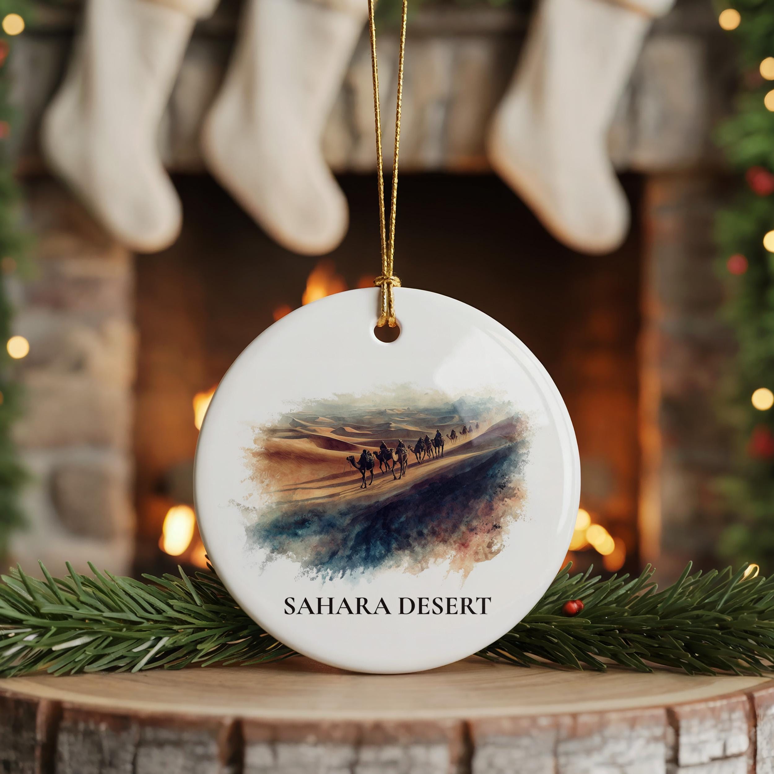 Sahara Desert Personalized Watercolor Ornament, Custom Ceramic Christmas gift, Travel Keepsake