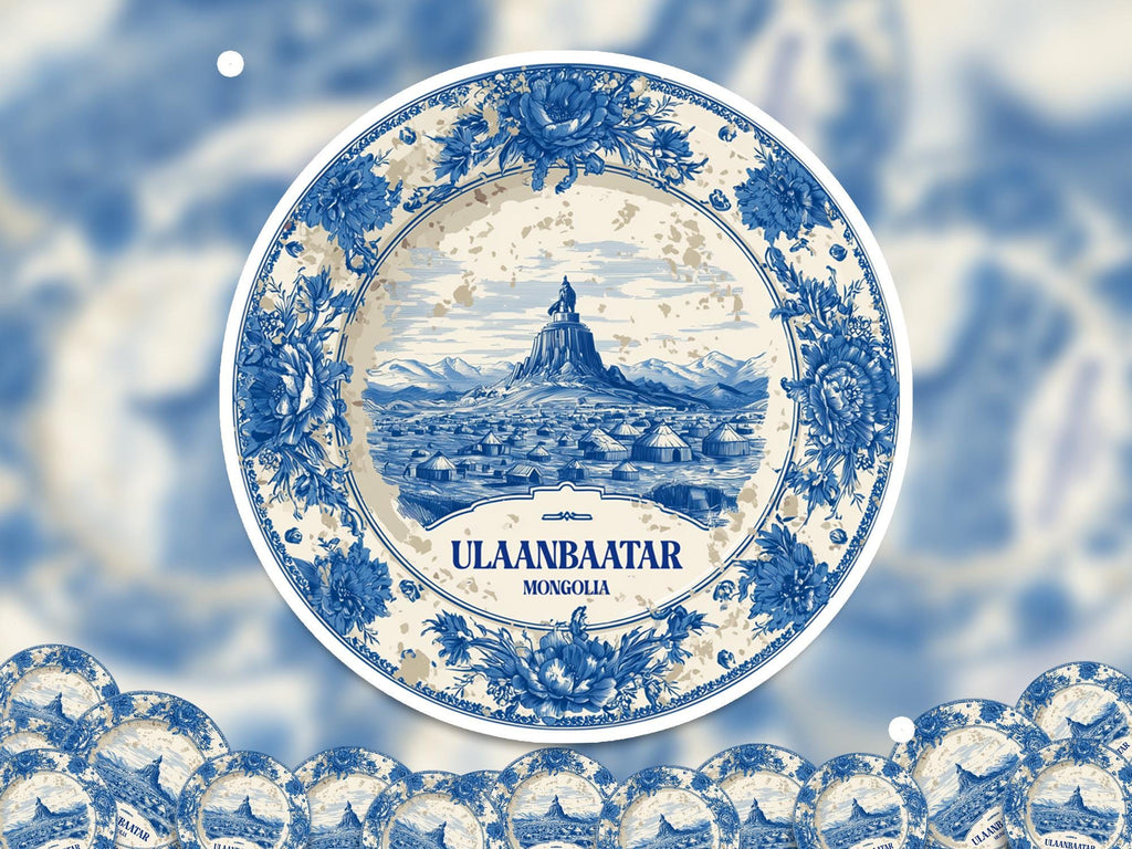 Ulaanbaatar Mongolia Sticker Vintage Delft style, Delftware Decal Waterproof Vinyl, Blue City Travel