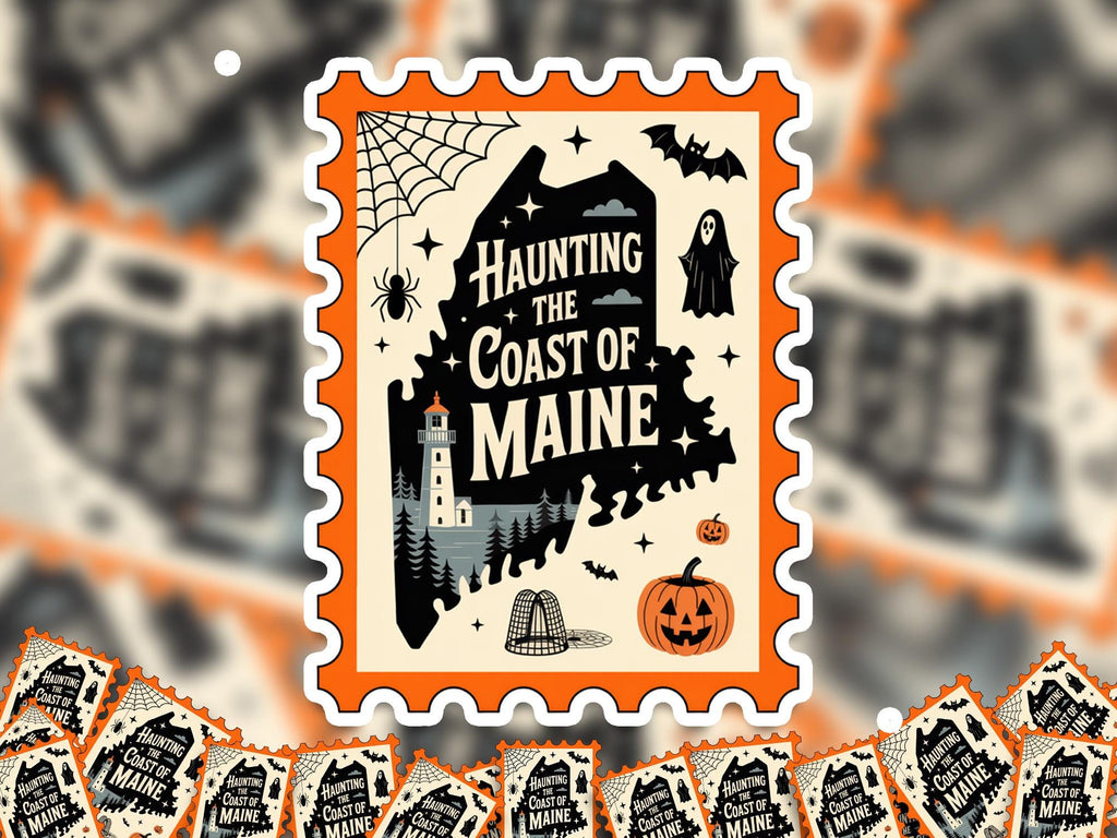 Maine Stamp Halloween Sticker, Spooky USA Kiss-Cut Vinyl, Waterproof Decal, United States Travel