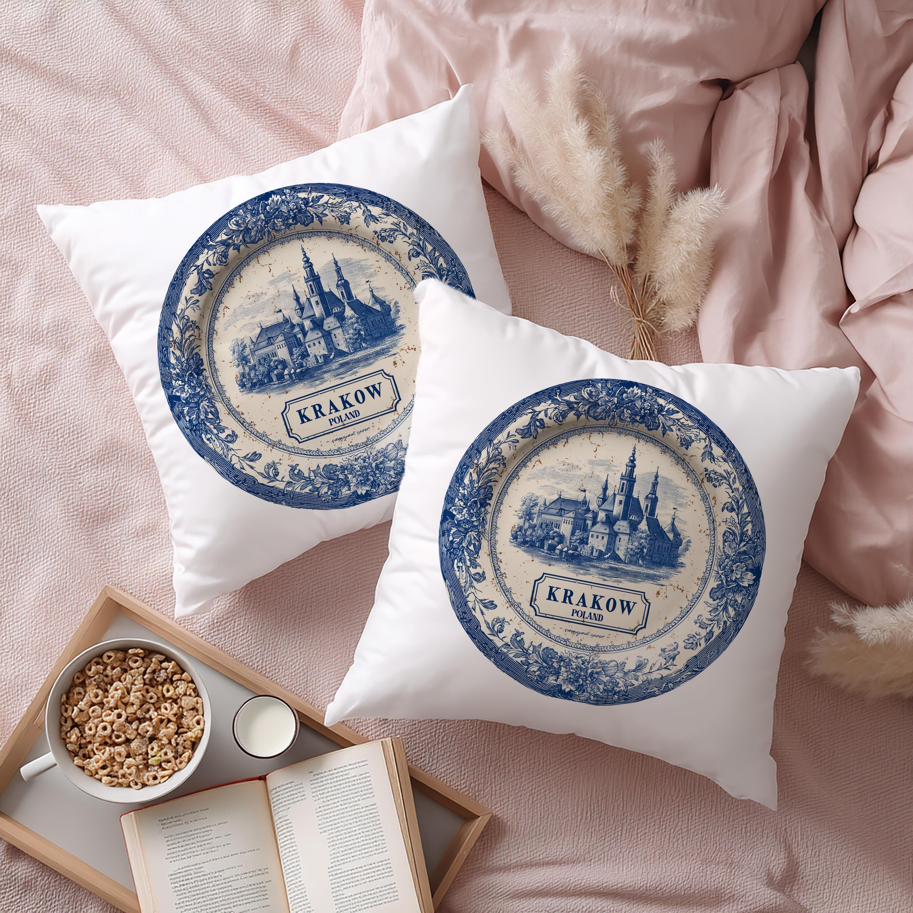 Krakow Poland Pillowcase, Delft Style Decorative Throw Pillow, Vintage Cityscape Retro Home Decor