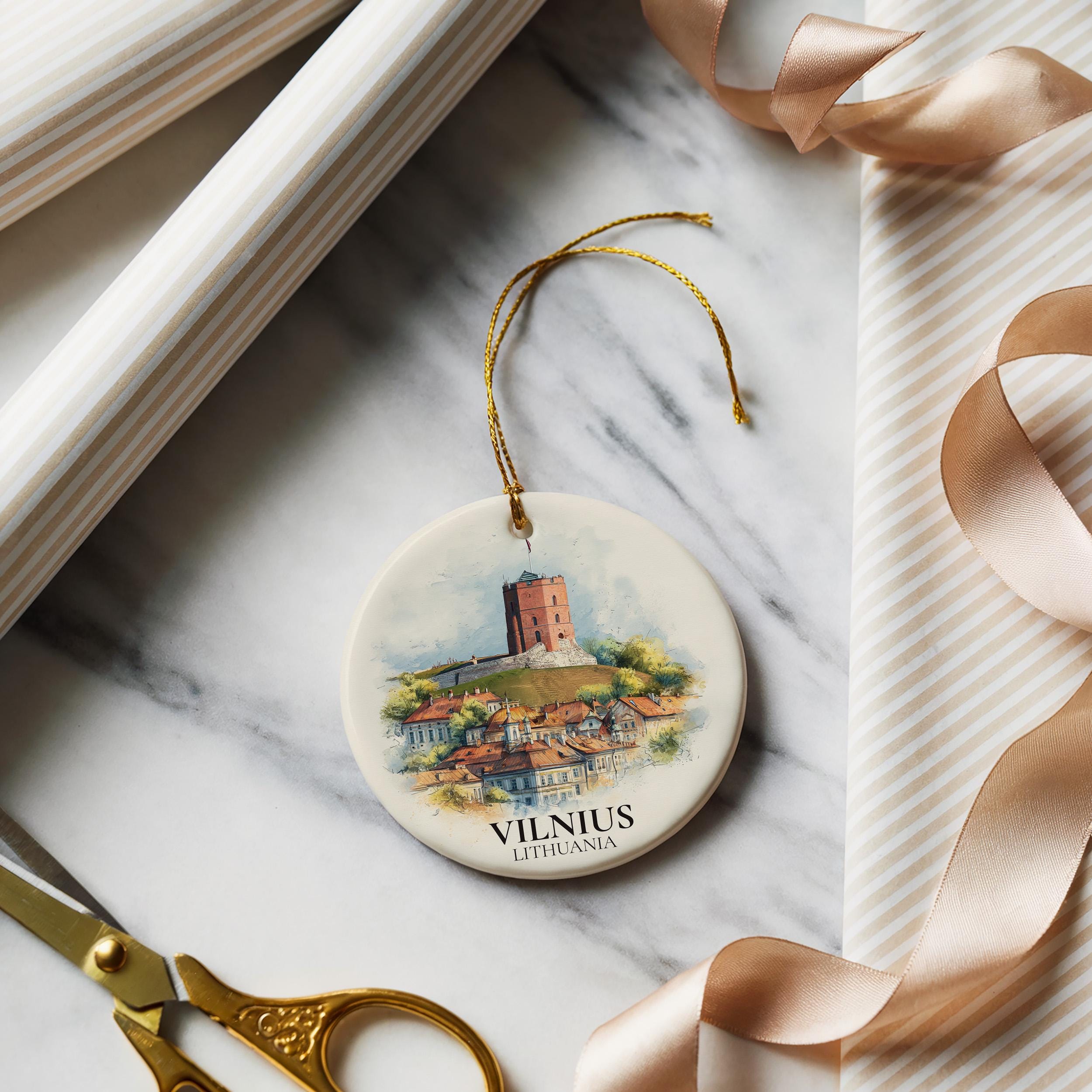 Vilnius Lithuania Personalized Watercolor Ornament, Custom Ceramic Christmas gift, Travel Keepsake
