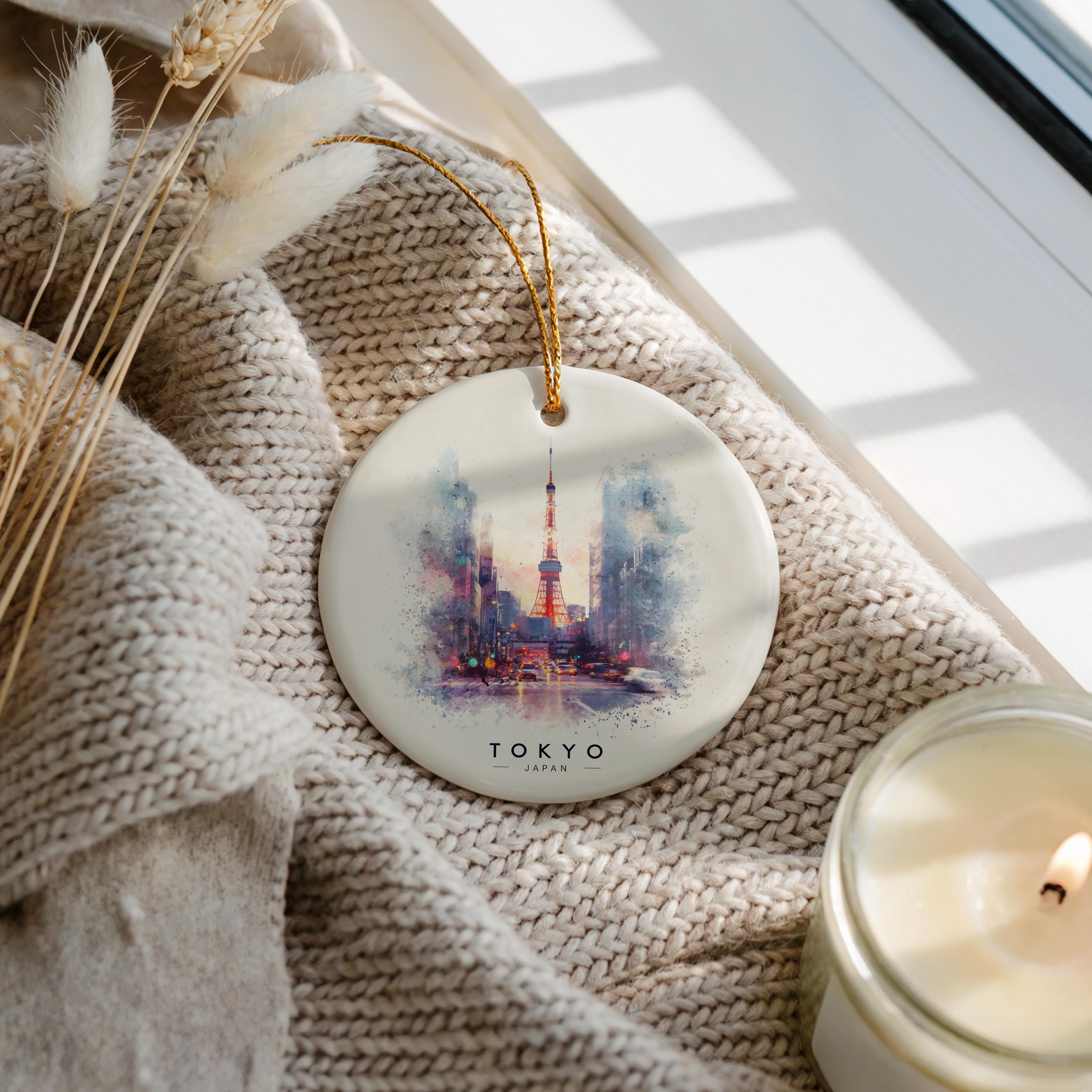 Tokyo Japan Personalized Watercolor Ornament, Custom Ceramic Christmas gift, Travel Keepsake