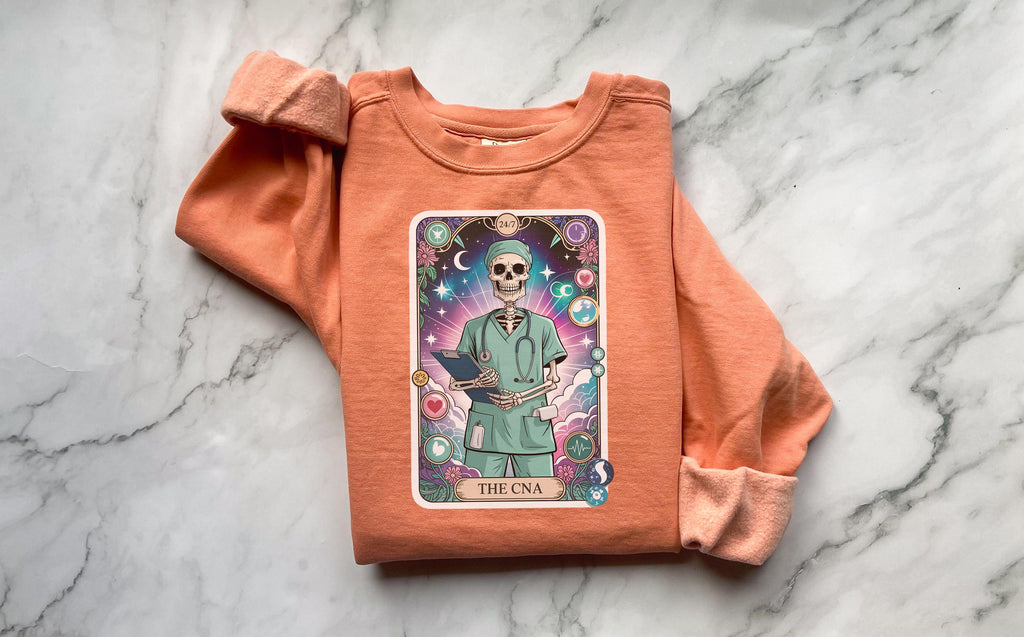 CNA Spooky Season Nurse Sweatshirt: Halloween Tarot Card Skeleton Design